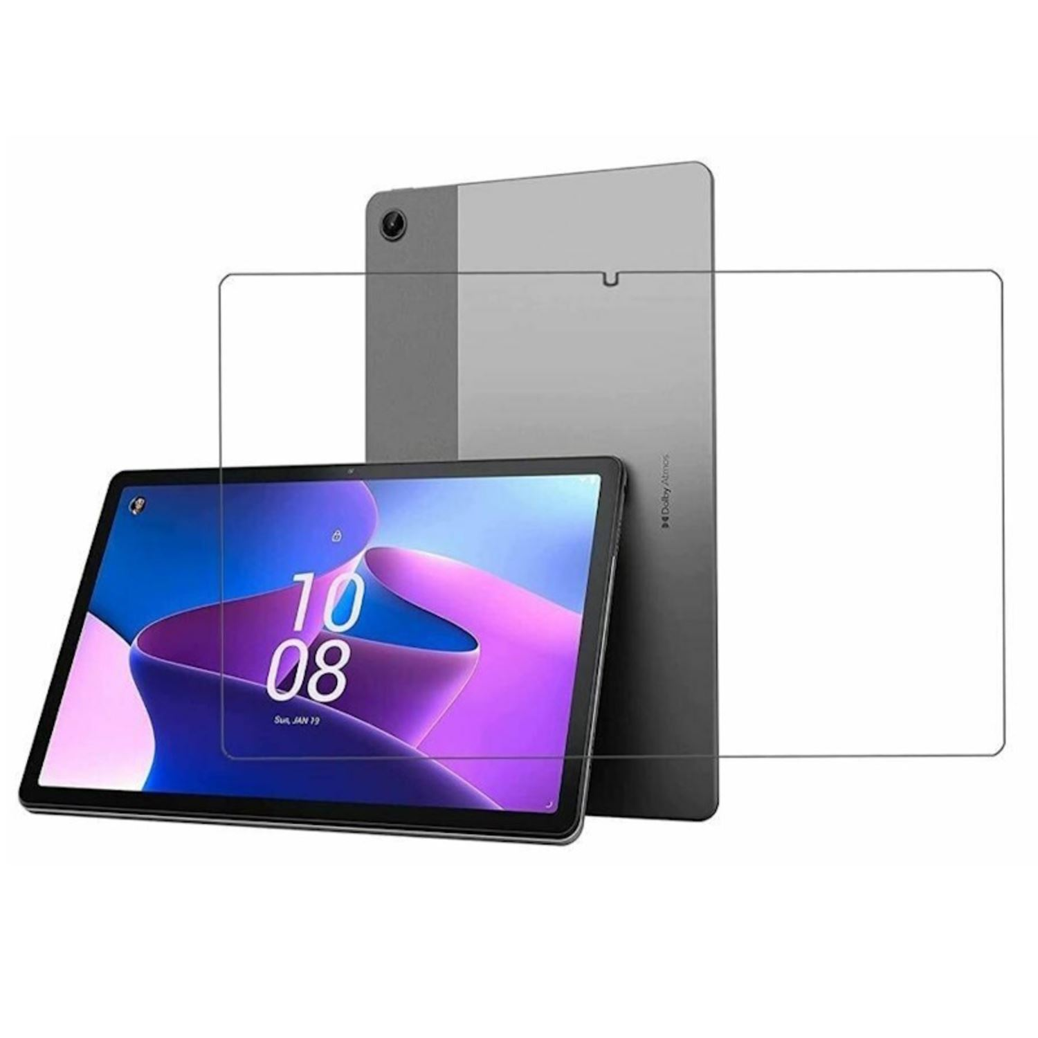 Tableta con protector de pantalla. Parte trasera gris, frontal negro con hora. Fondo blanco.