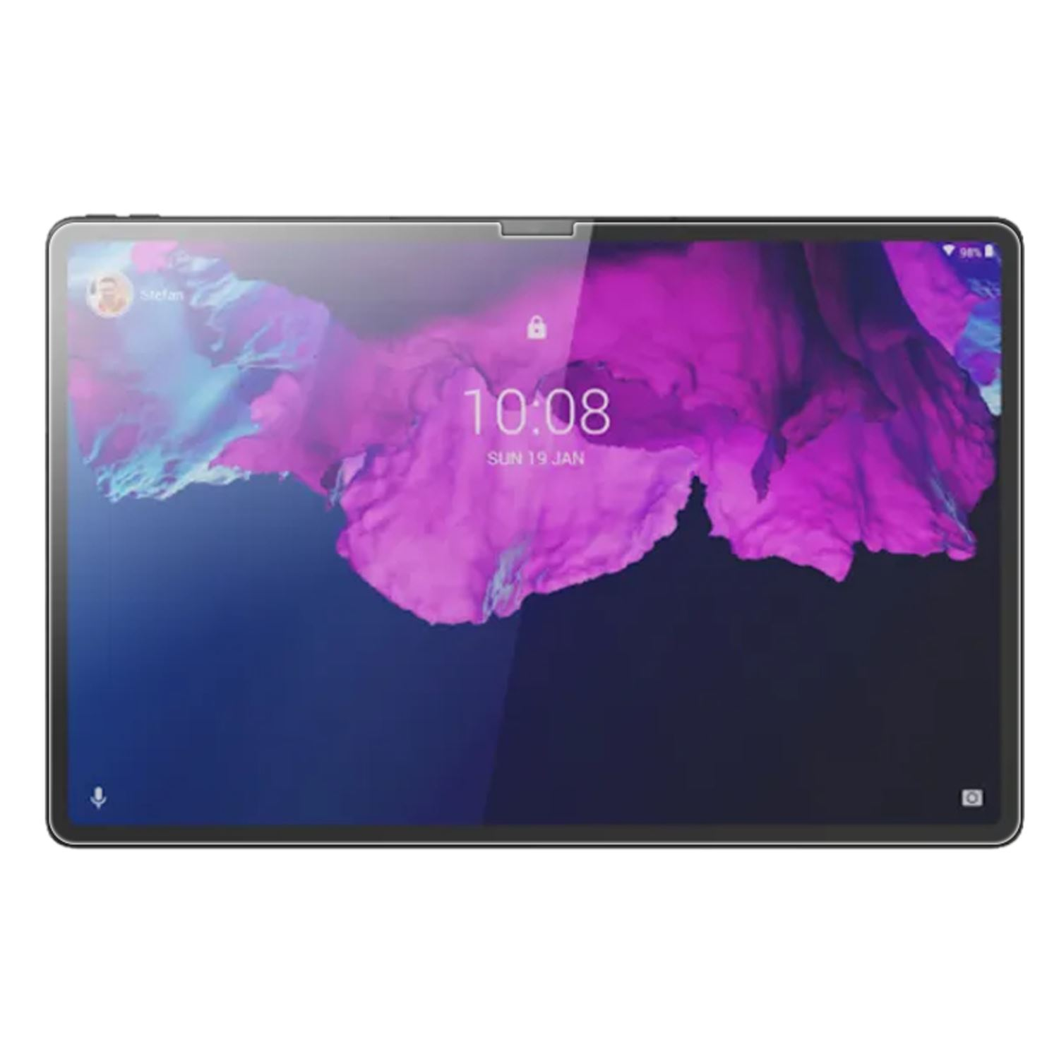 Tableta con pantalla morada y rosa. Muestra una pantalla de inicio.