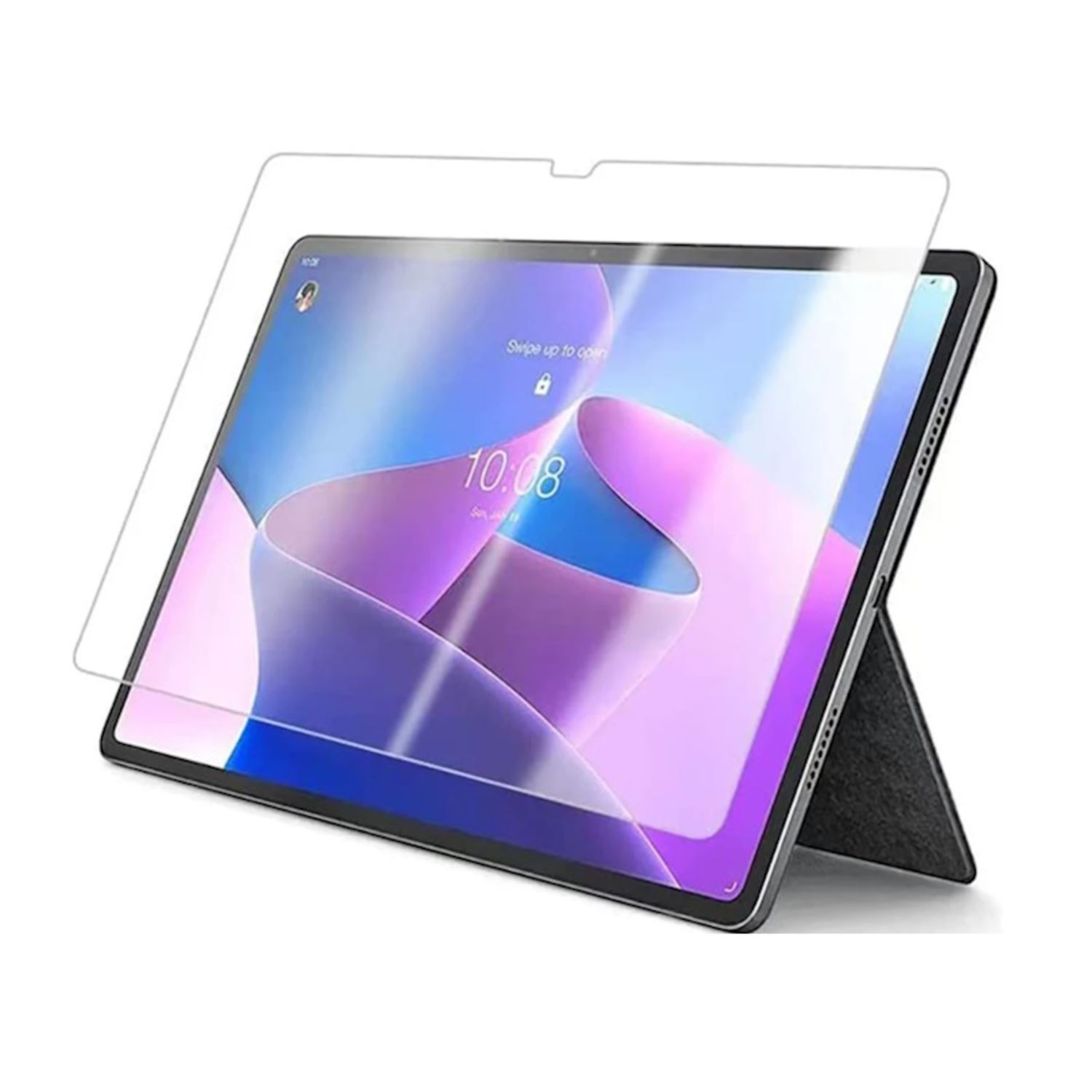 Una tableta con protector de pantalla está en ángulo, encima de una funda.
