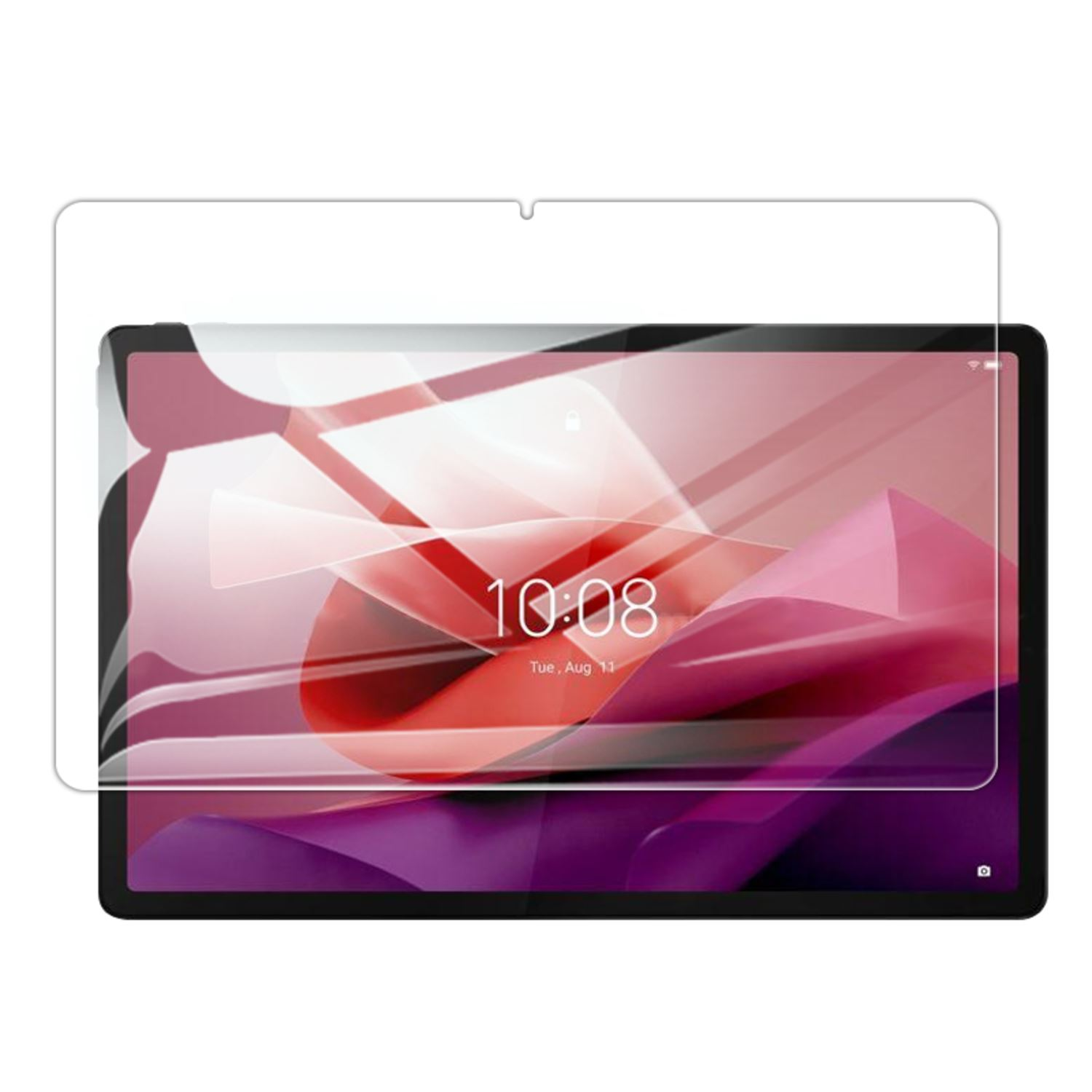 Tableta con un protector de pantalla aplicado, que muestra un diseño abstracto rosa y morado.