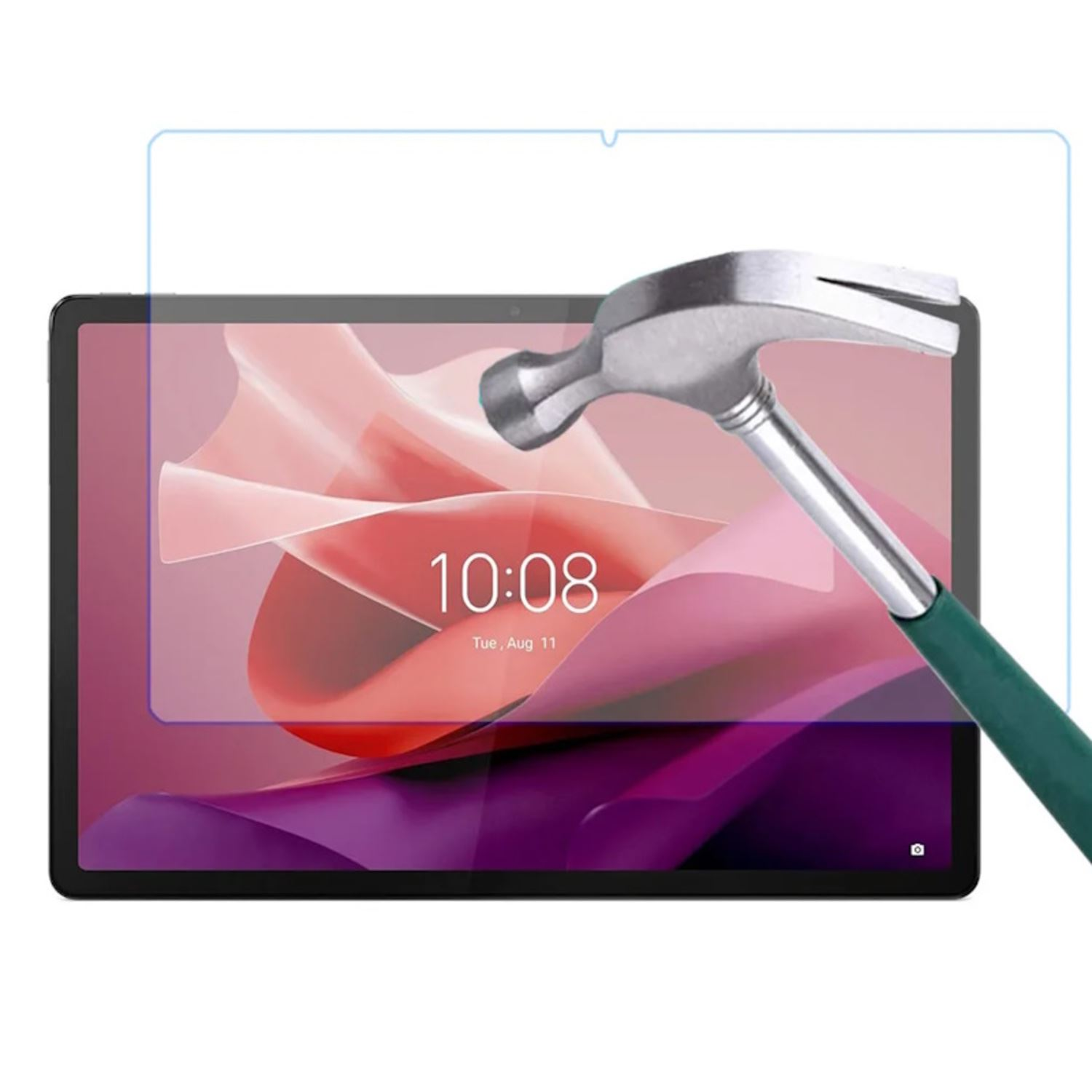 Tableta con protector de pantalla y martillo encima, se muestra la hora y la fecha.