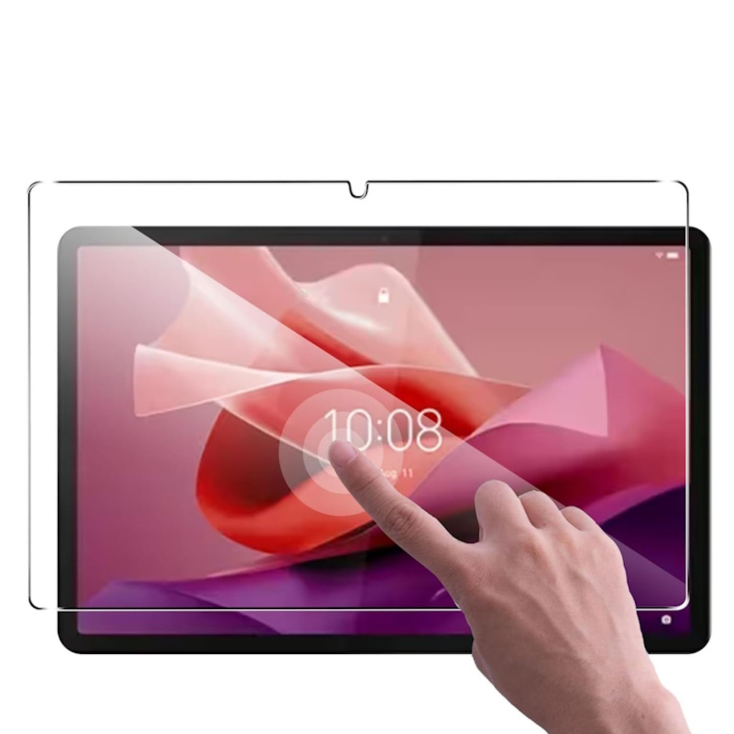 Una tableta con protector de pantalla, un dedo tocando la pantalla. El fondo es rosa.