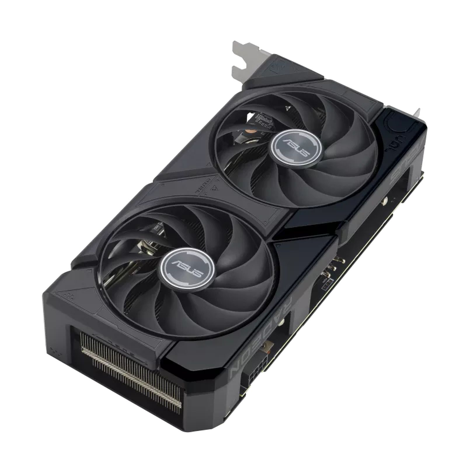 Tarjeta gráfica ASUS con dos ventiladores y carcasa negra. Los ventiladores tienen el logotipo ASUS.