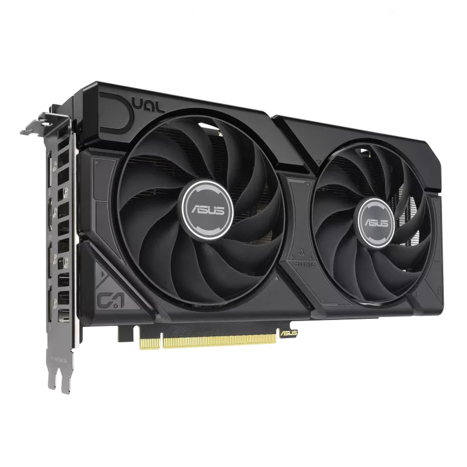 Tarjeta gráfica negra con dos ventiladores, mostrando la marca ASUS.