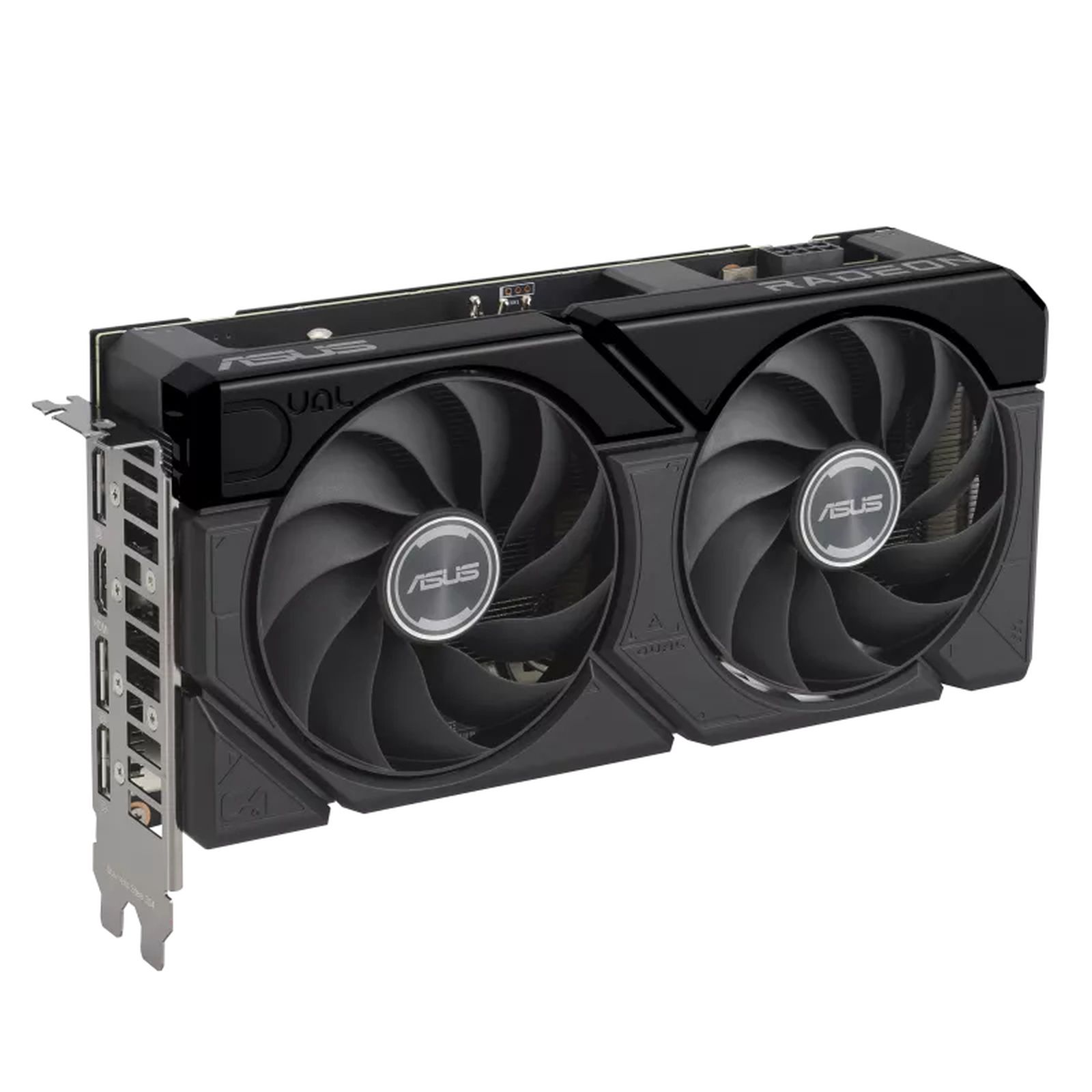 Tarjeta gráfica ASUS Radeon negra con dos ventiladores.