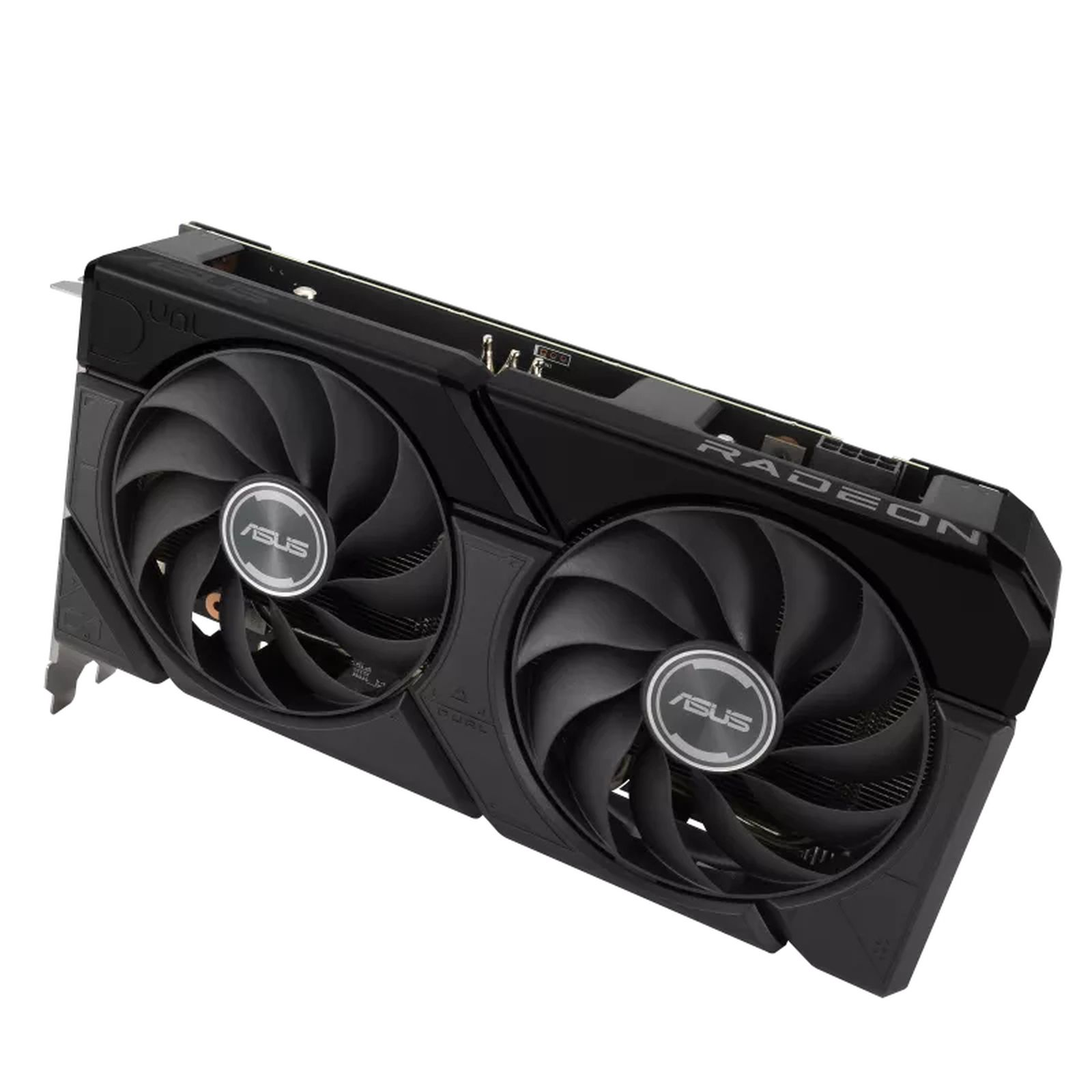Una tarjeta gráfica Radeon negra con dos ventiladores, con el logotipo de ASUS.
