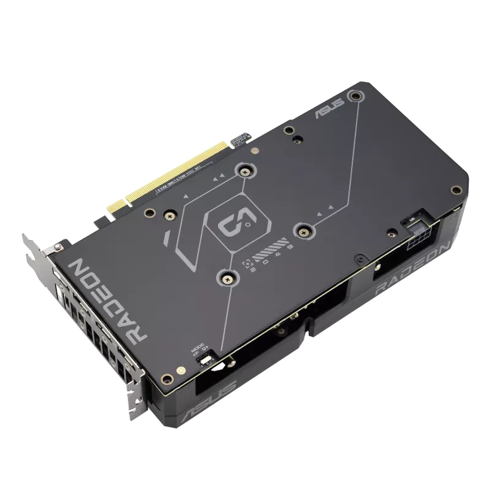 Tarjeta gráfica Radeon RX negra y gris con la palabra RADEON escrita.