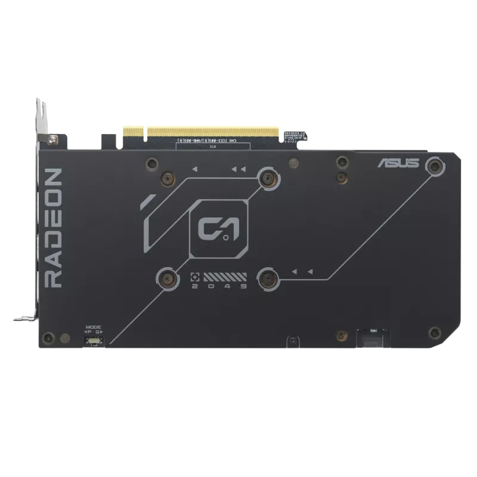 Una tarjeta gráfica negra y gris con los logotipos de Radeon y ASUS, mostrando tornillos.