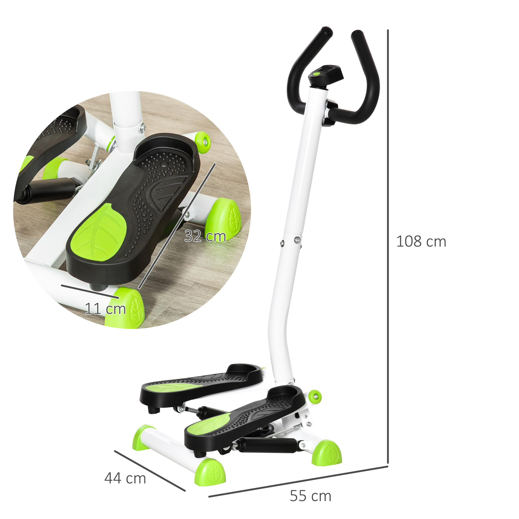 Fitness-Stepper mit schwarzen und grünen Stufen, weißem Rahmen und Maßgrafik für die Größe.