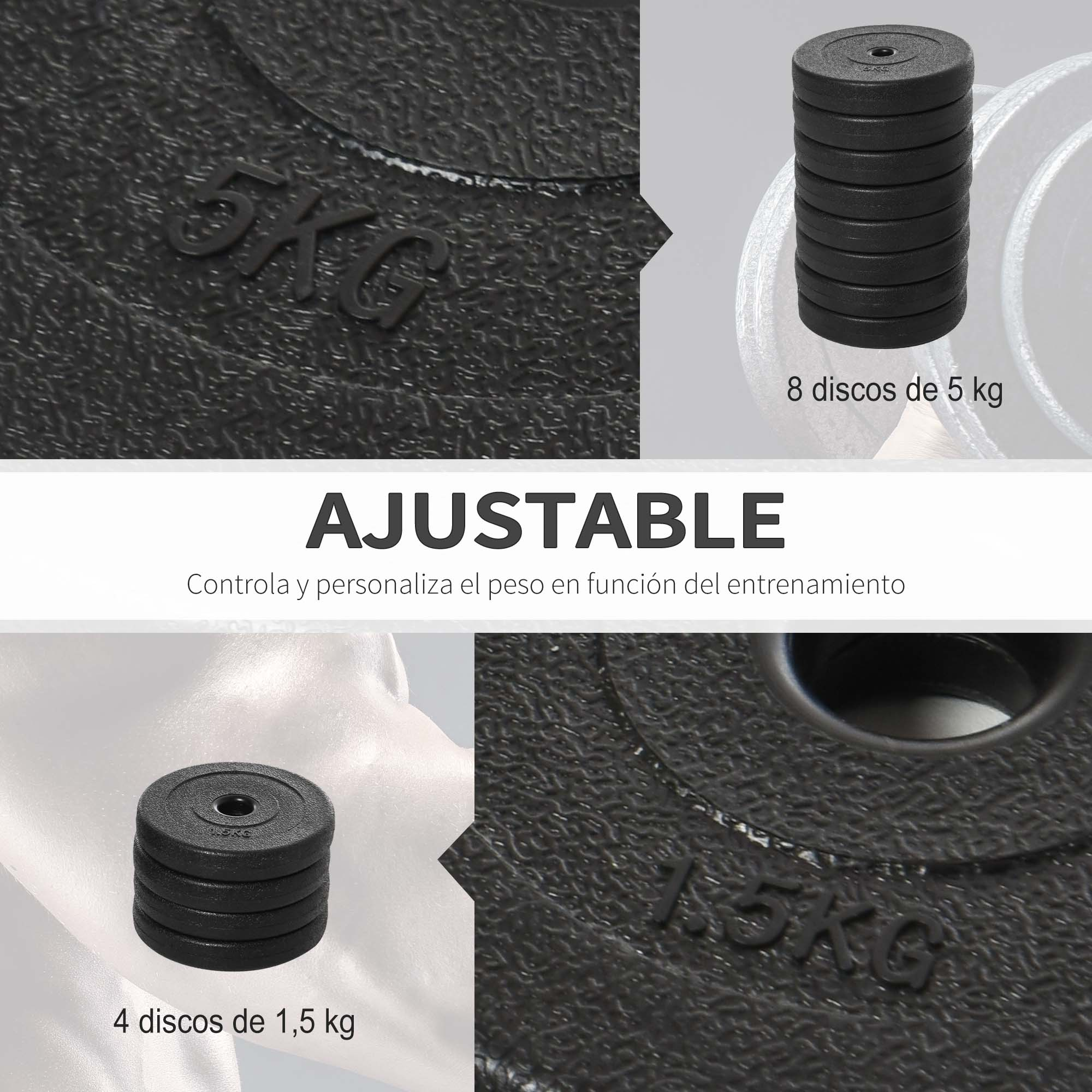 Múltiples vistas de pesas negras. El texto en las placas dice 5 kg y 1,5 kg. El texto dice AJUSTABLE.