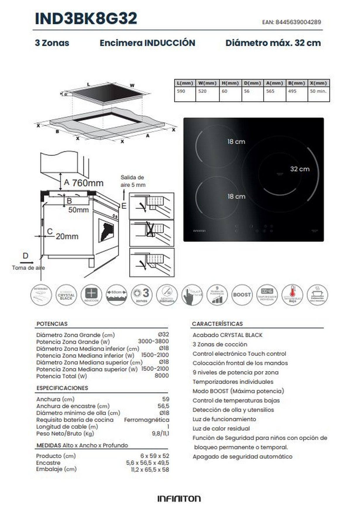 Diagrama de una placa de inducción con especificaciones y dimensiones. Superficie negra detallada.