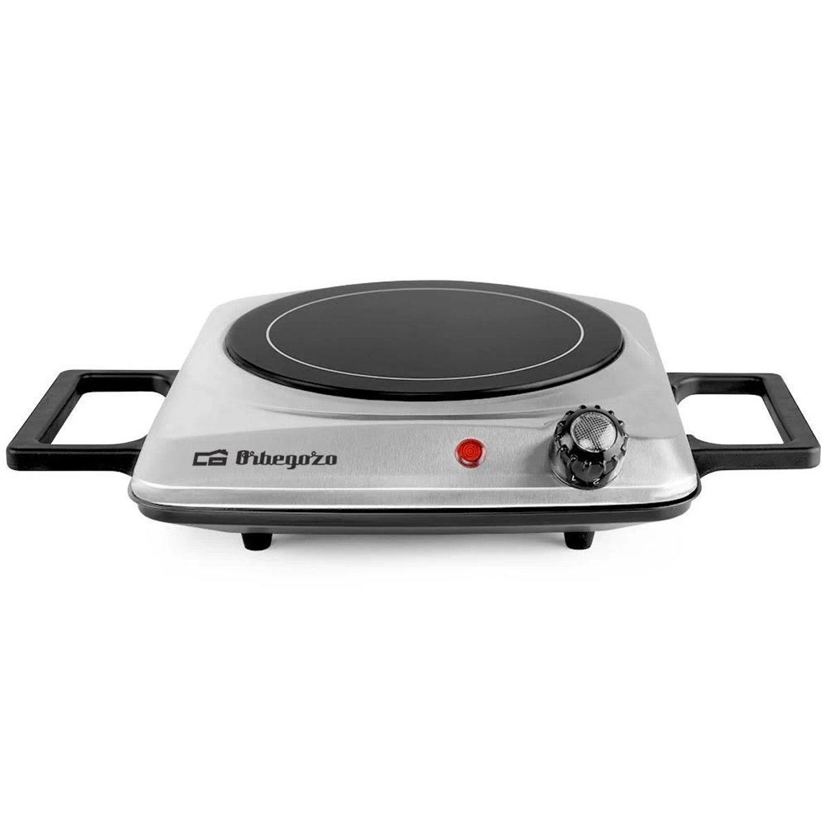 Mała, srebrna płyta grzewcza z czarną powierzchnią grzewczą. Czerwony wskaźnik.