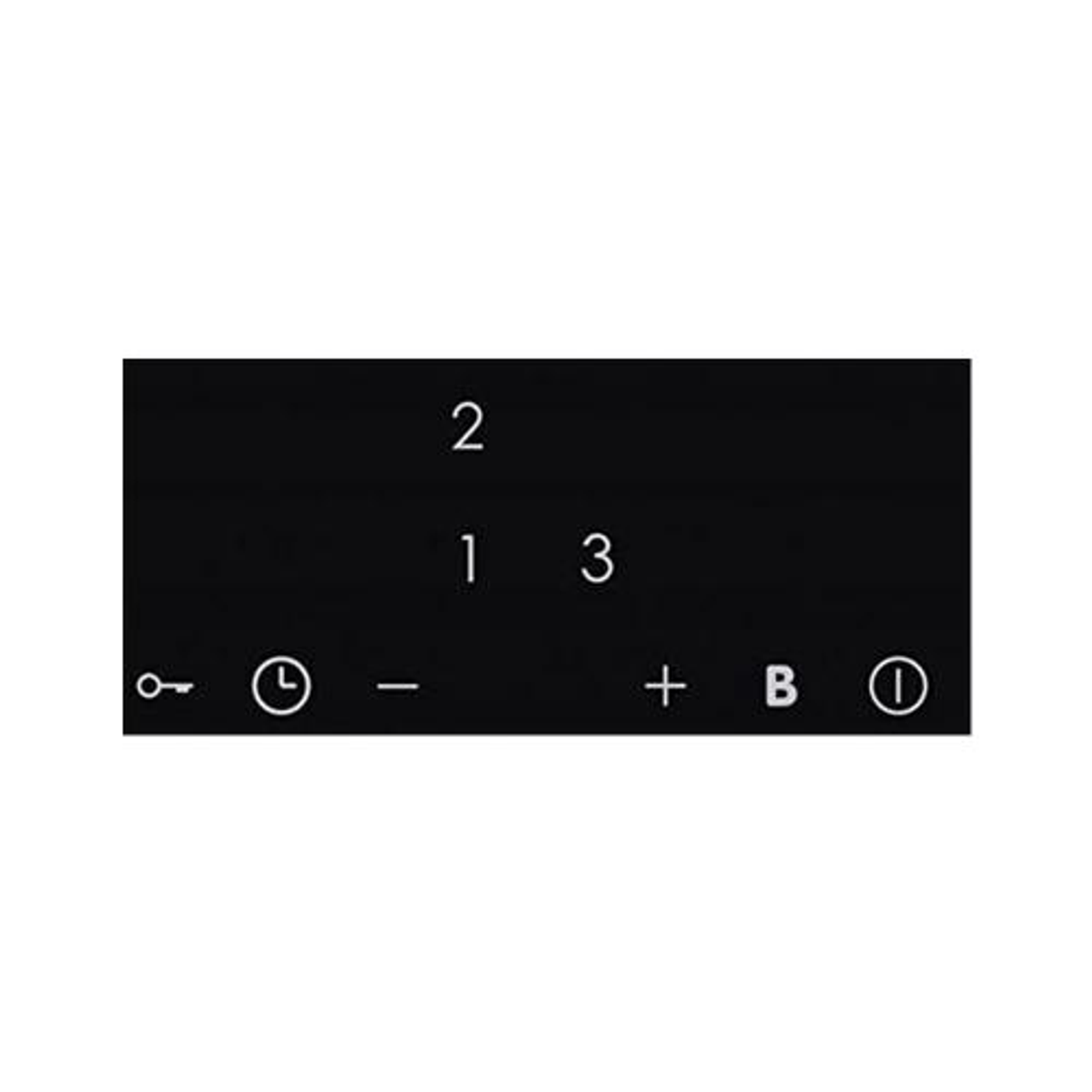 Panel de control negro con números 1, 2, 3 y símbolos de llave, tiempo, menos, más e info.
