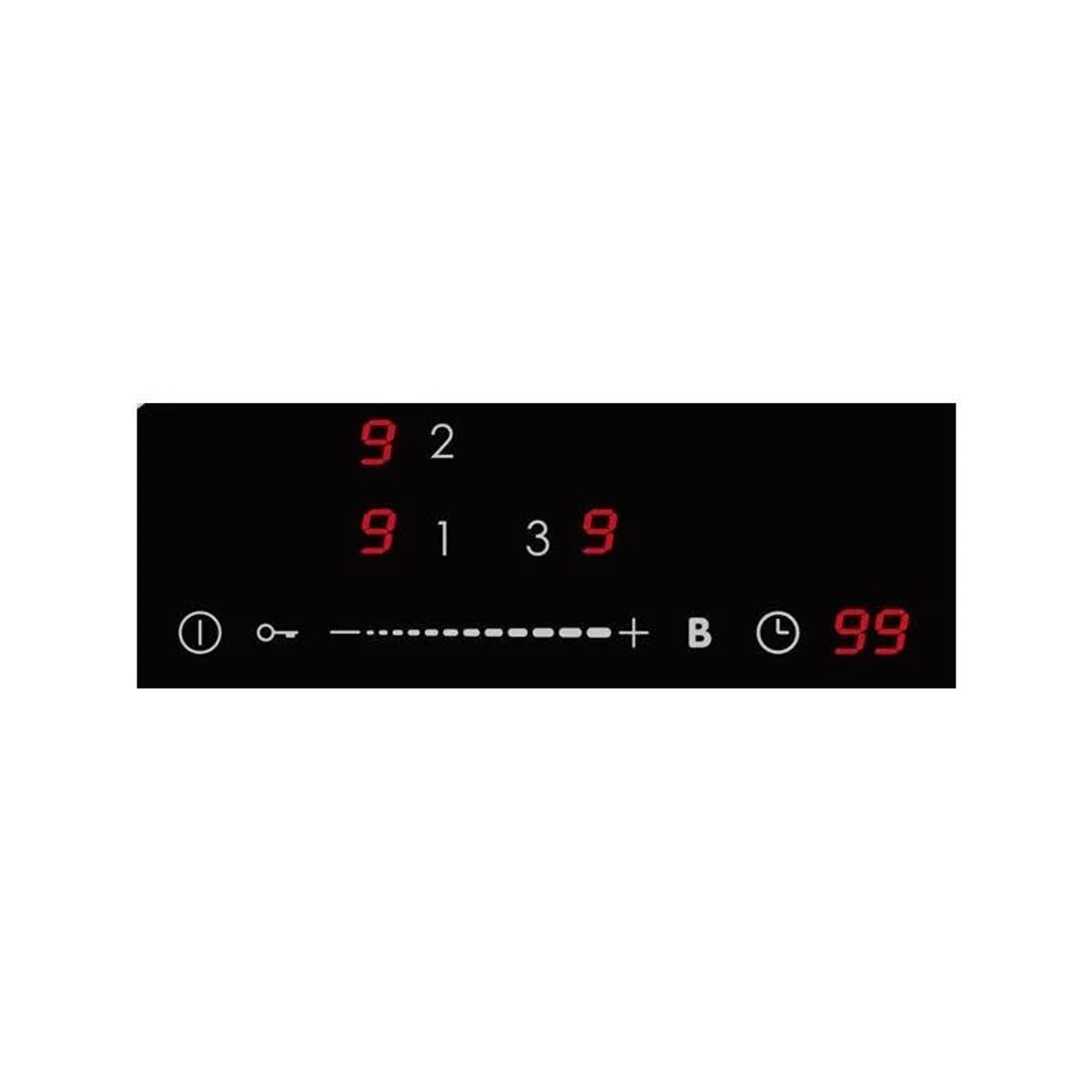 Una vitrocerámica negra con una pantalla digital que muestra números y controles táctiles, con luz roja.