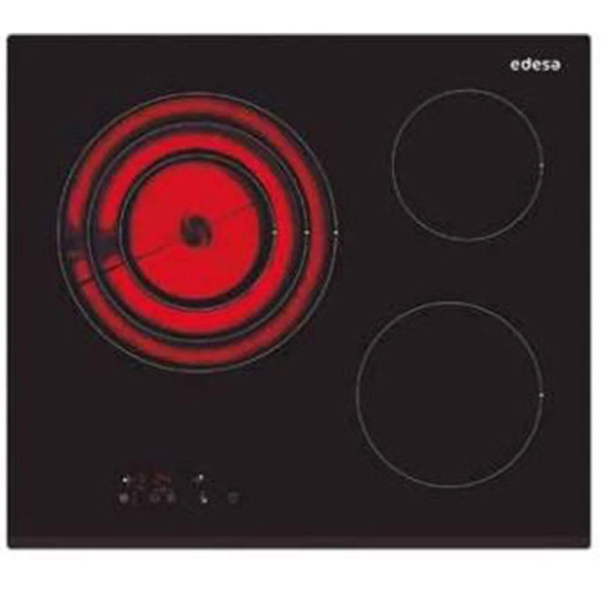 Encimera eléctrica negra con tres elementos calefactores. Círculo rojo indica calor activo.