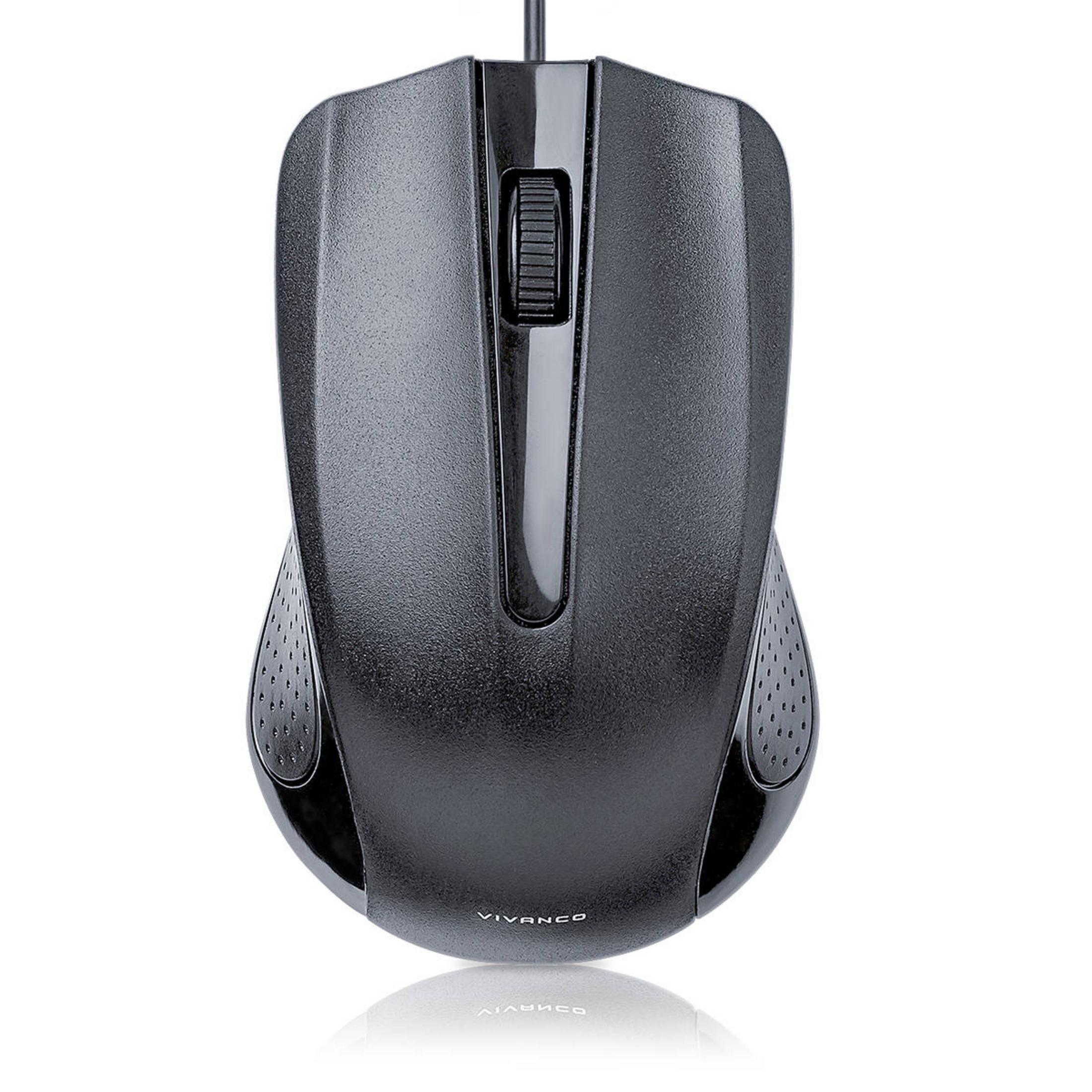 Schwarze Computermaus mit Scrollrad und Tasten, Draufsicht.
