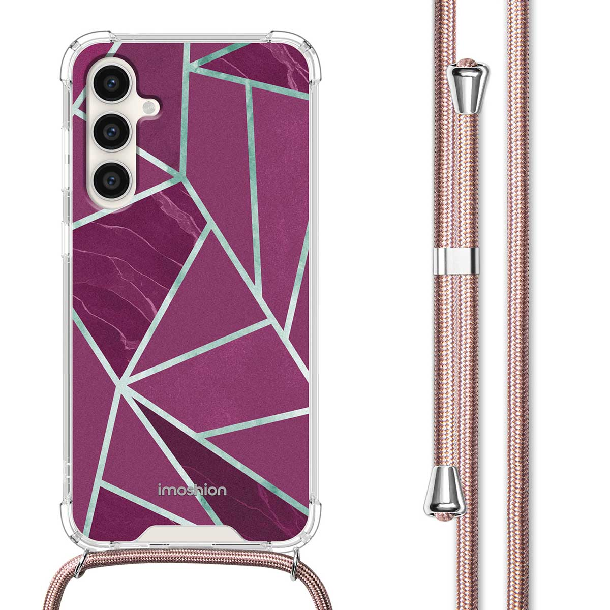 Telefoon met paarse geometrische design case en een bijpassend roze koord.