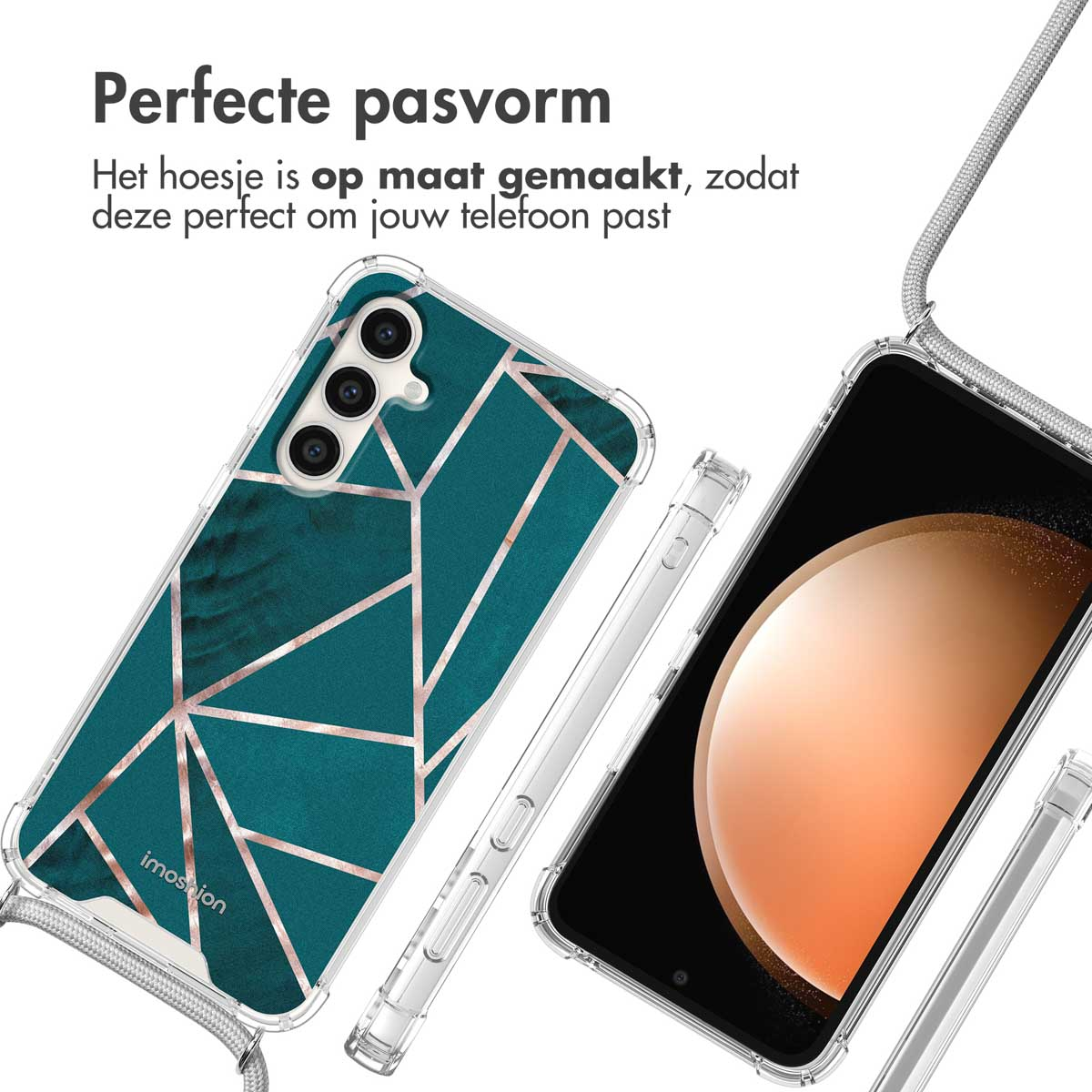 Twee telefoonhoesjes. Een teal geometrisch en de ander transparant met een oranje achtergrond.