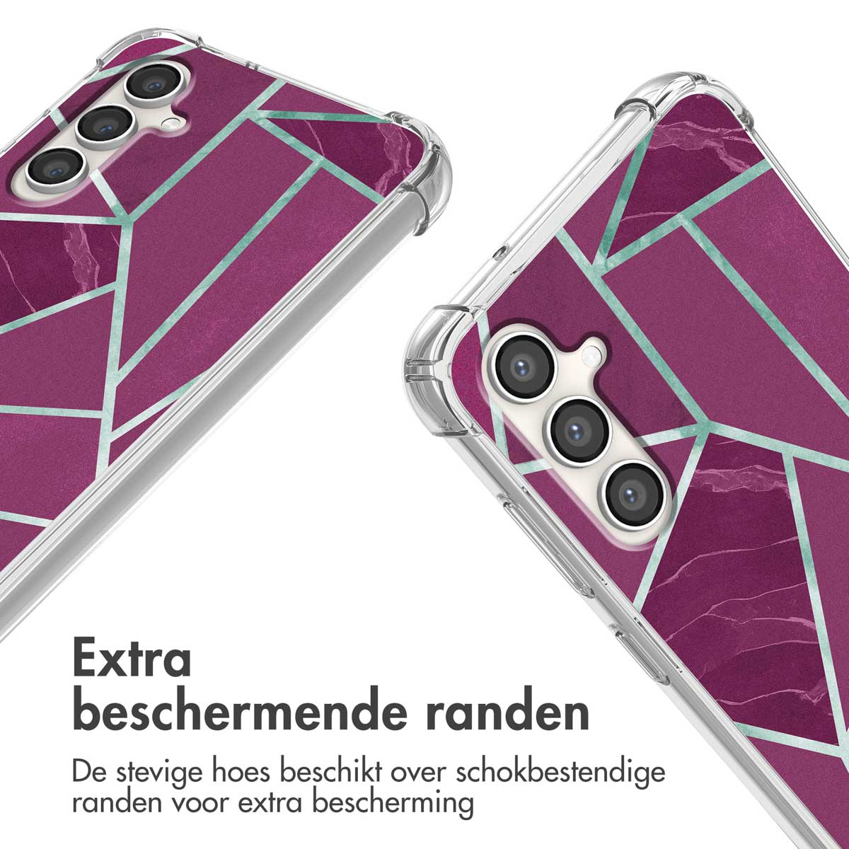 Paarse telefoonhoes met geometrisch patroon en camera-uitsparing.