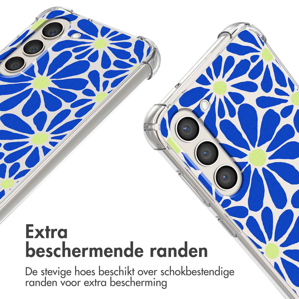 Transparante telefoonhoes met blauw-gele bloemenprint en verstevigde hoeken.