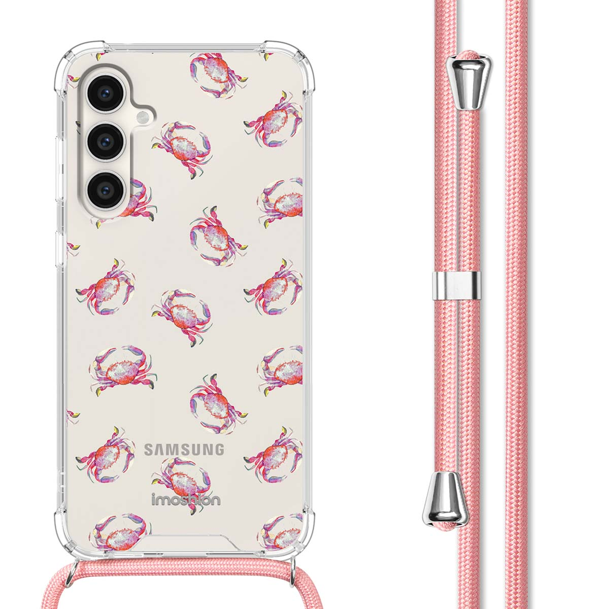 Samsung-telefoon met krabbenhoes en roze bandje. Op een wit oppervlak.