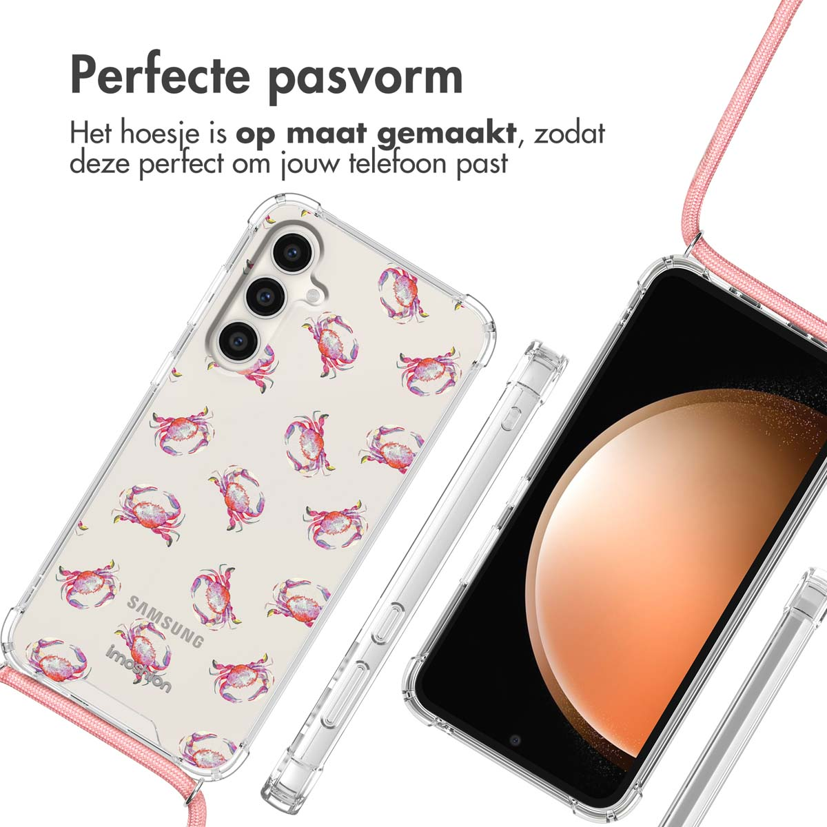 Telefoon in doorzichtige hoes met roze band, krabontwerp. Nederlandse tekst: 'Perfecte pasvorm'.