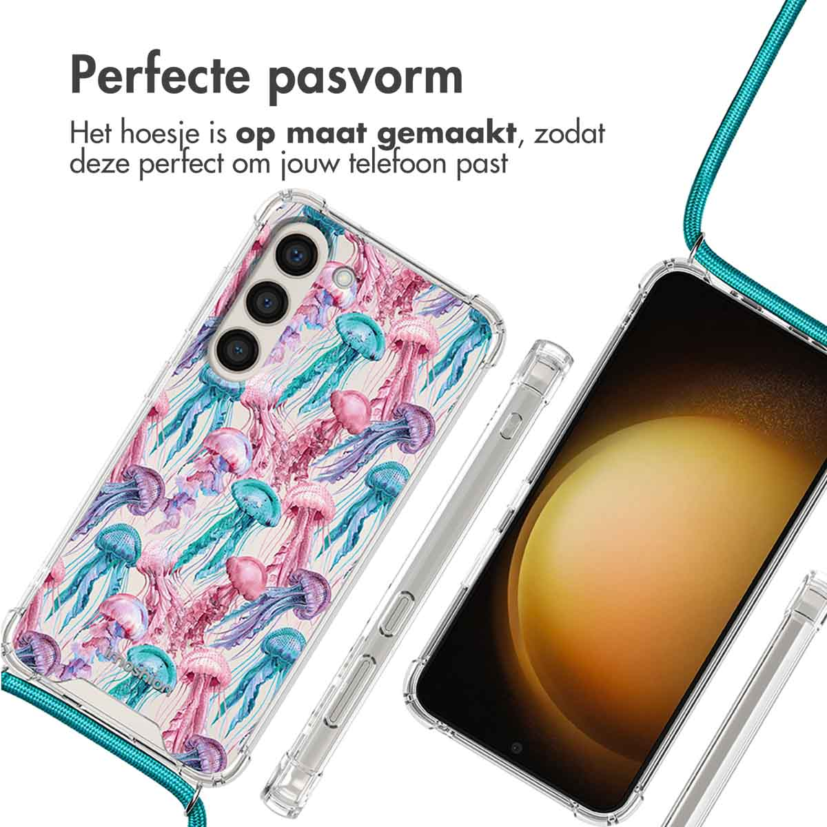Transparante telefoonhoes met kwallenprint en koord.