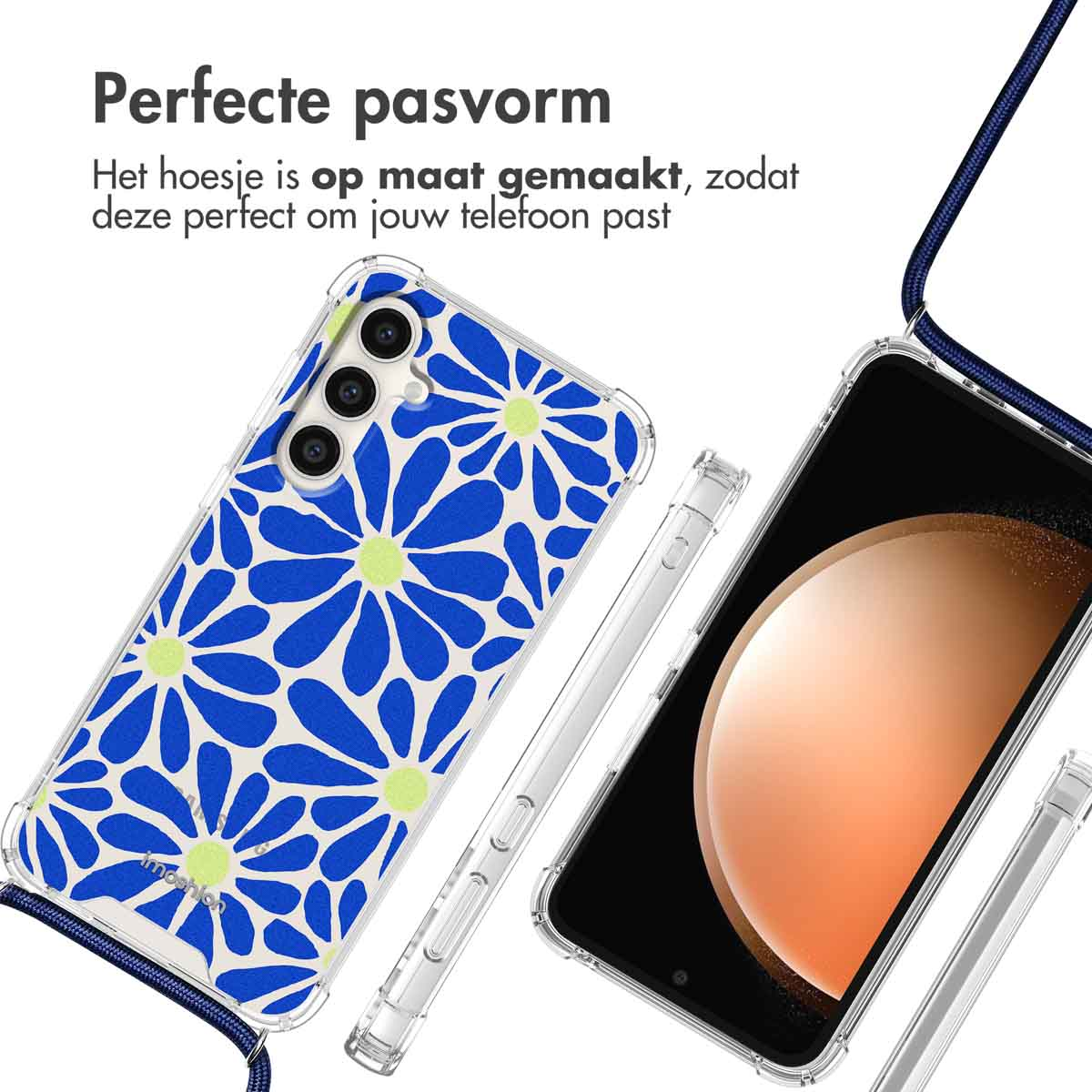 Telefoonhoesjes met blauw en geel bloemdesign en een koord. Tekst in het Nederlands: Perfecte pasvorm.