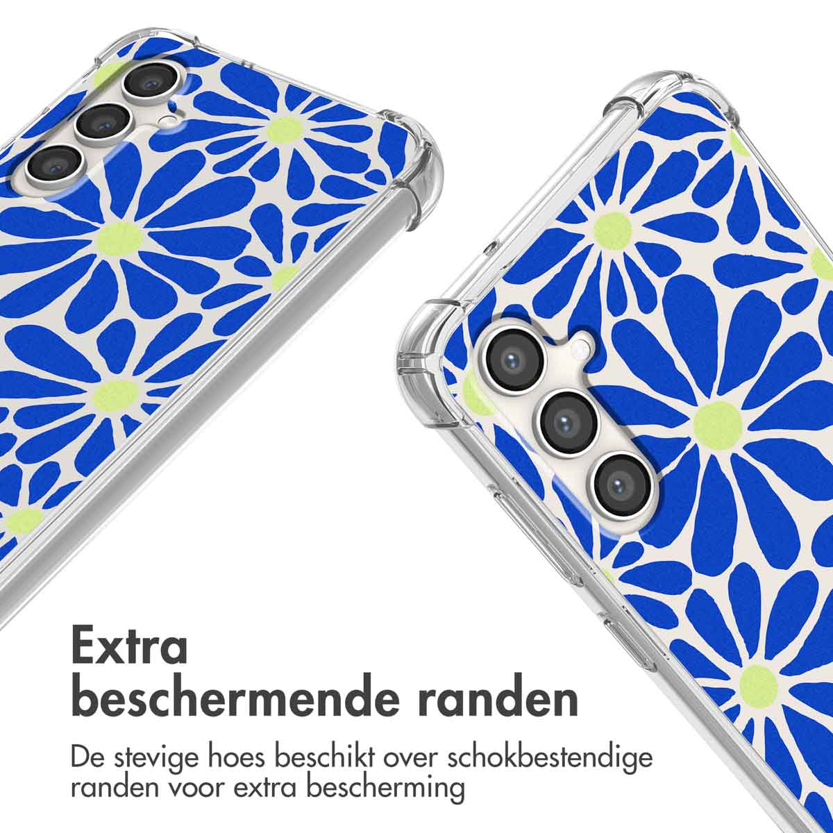 Transparante telefoonhoes met blauw-groen bloemenpatroon, verstevigde randen.