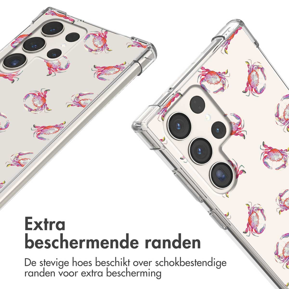 Transparante telefoonhoes met krabbenprint en verstevigde randen.