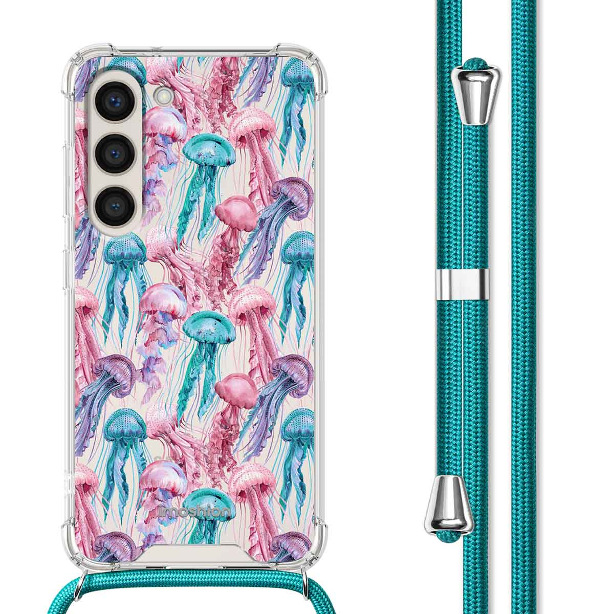 Telefoonhoesje met kwallenpatroon en een teal bandje op zwarte achtergrond.