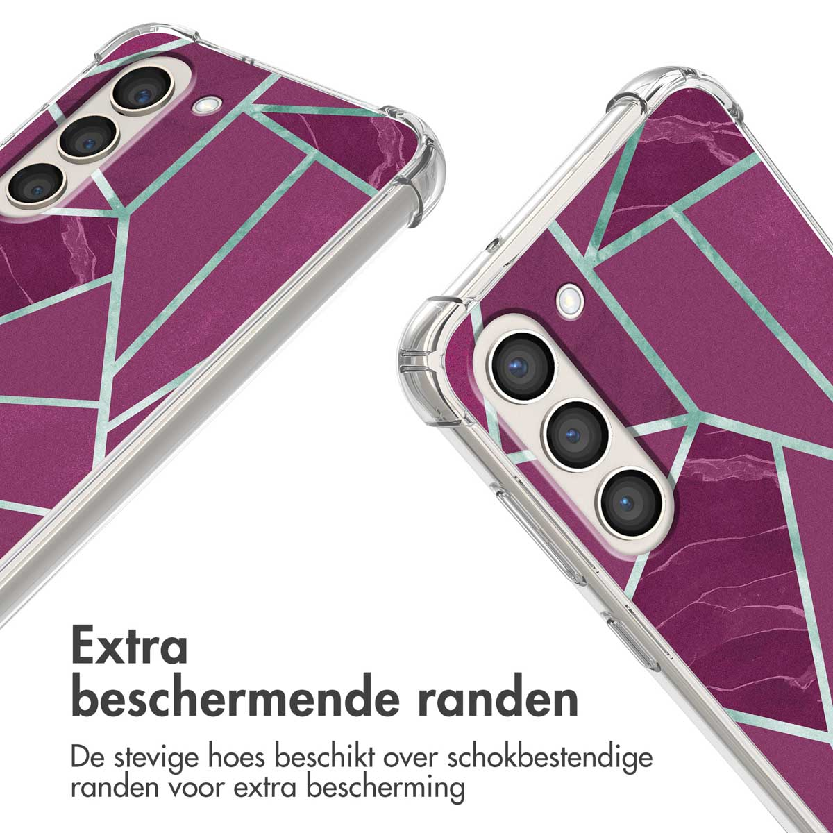 Paarse telefoonhoes met geometrisch patroon en camera-uitsparing. Witte tekst.