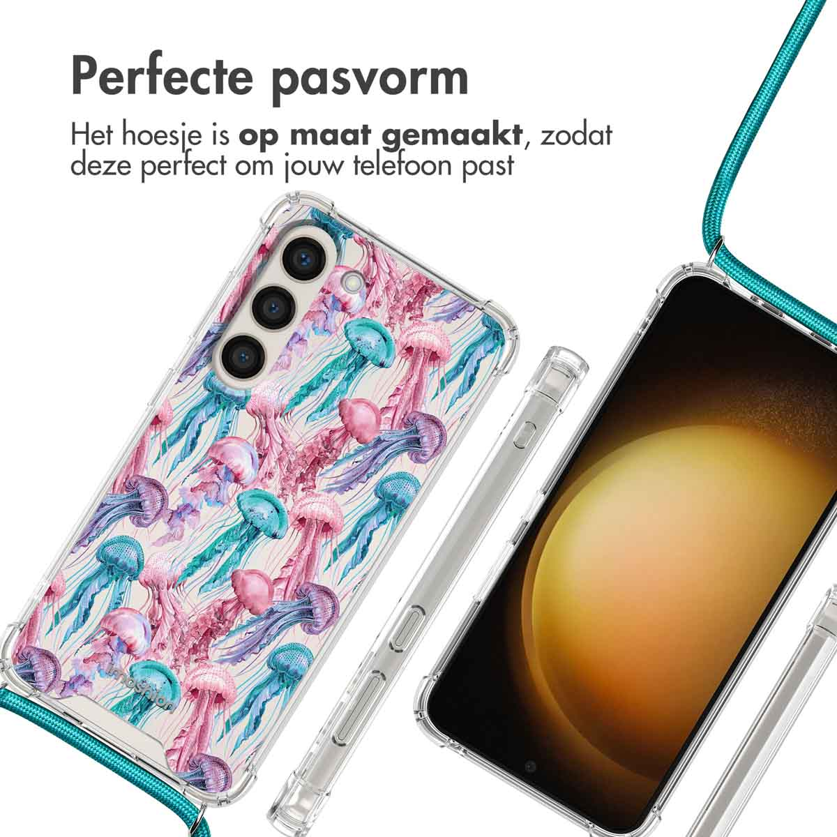 Doorzichtige telefoonhoes met kwallenprint en draagkoord.
