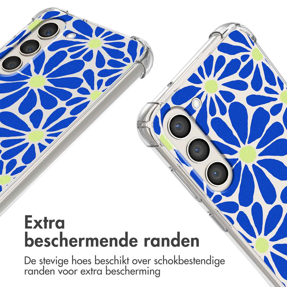 Twee telefoonhoesjes met blauw-groen bloemenpatroon en camera-eilanden.