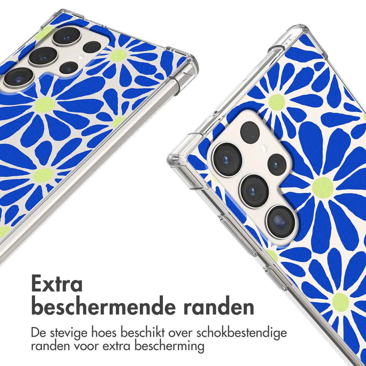 Twee doorzichtige telefoonhoesjes met blauw-groen bloemenpatroon.