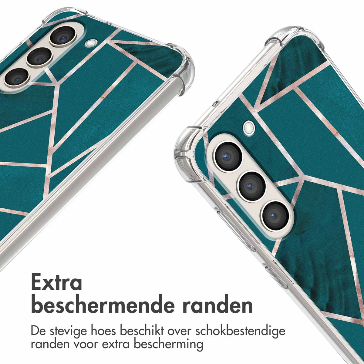 Twee telefoonhoesjes met geometrisch patroon in groenblauw en roségoud op witte achtergrond.