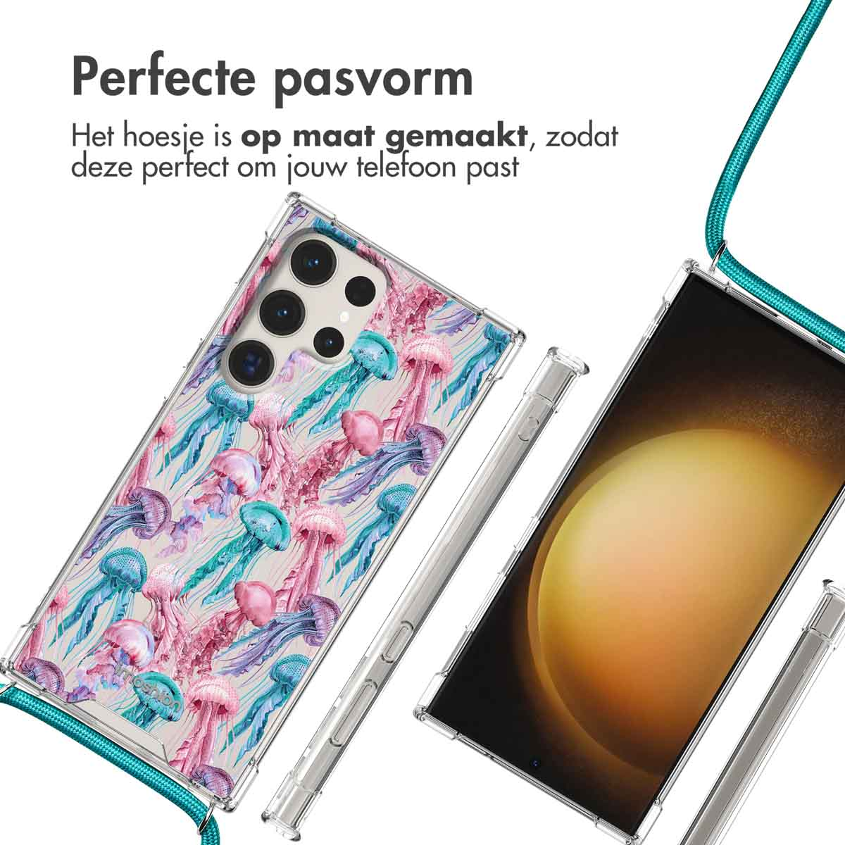 Transparante telefoonhoes met kwallenpatroon en turkoois koord.