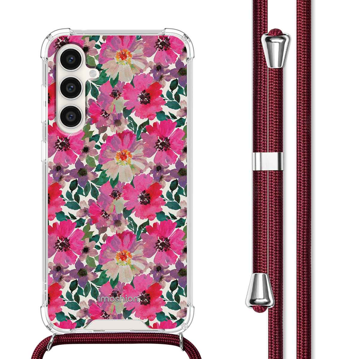 Telefoonhoesje met bloemenpatroon, bordeauxrode riem.