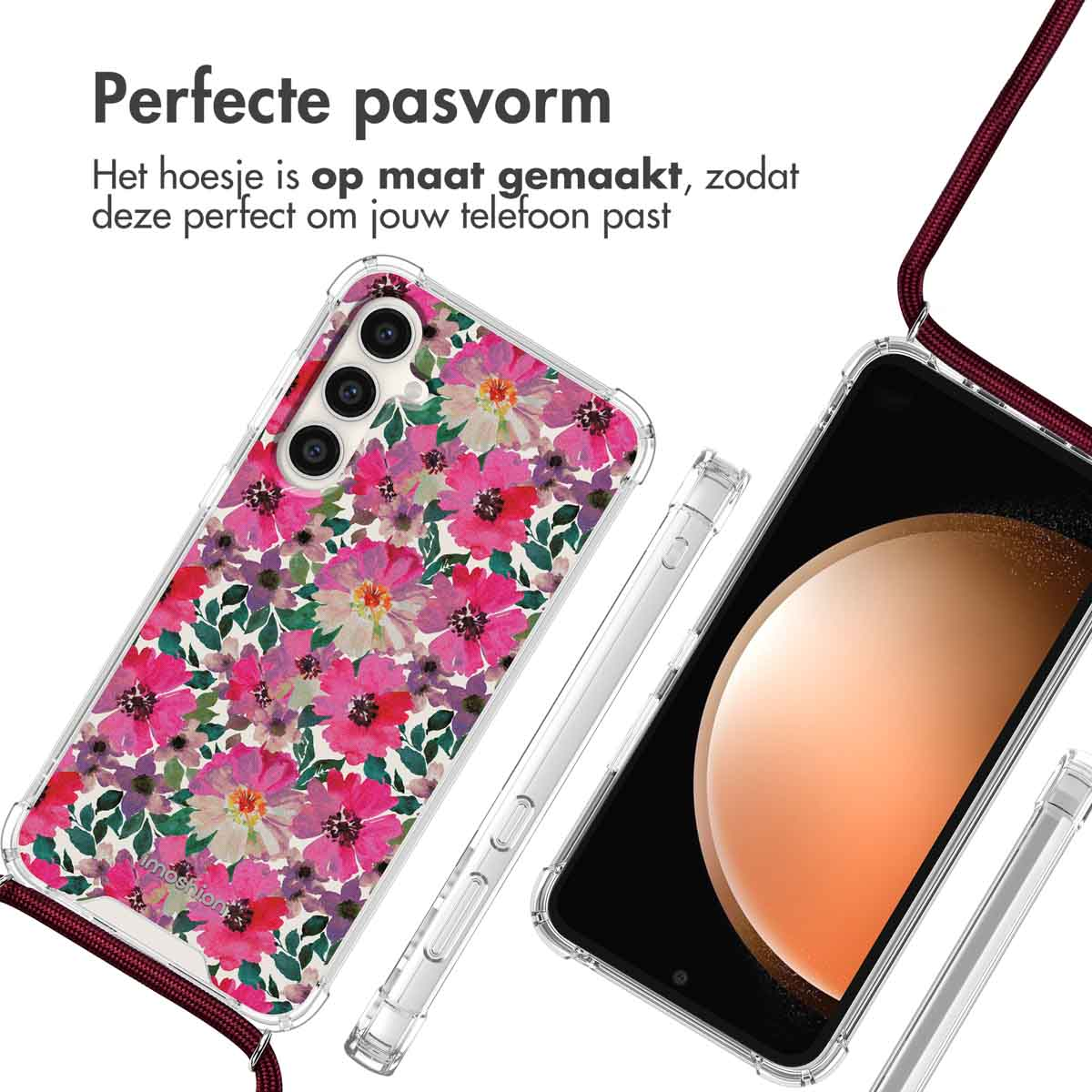 Telefoonhoesje met roze bloemen en koord. Andere telefoononderdelen zijn zichtbaar. Witte achtergrond.