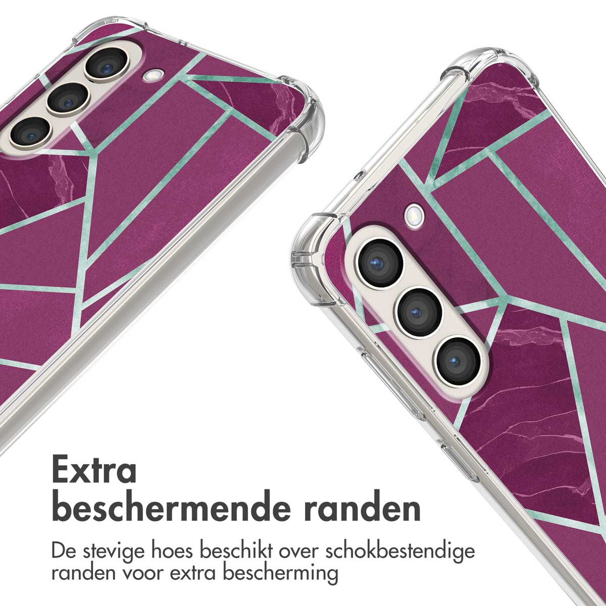 Paarse telefoonhoes met geometrisch patroon en drie cameralenzen.