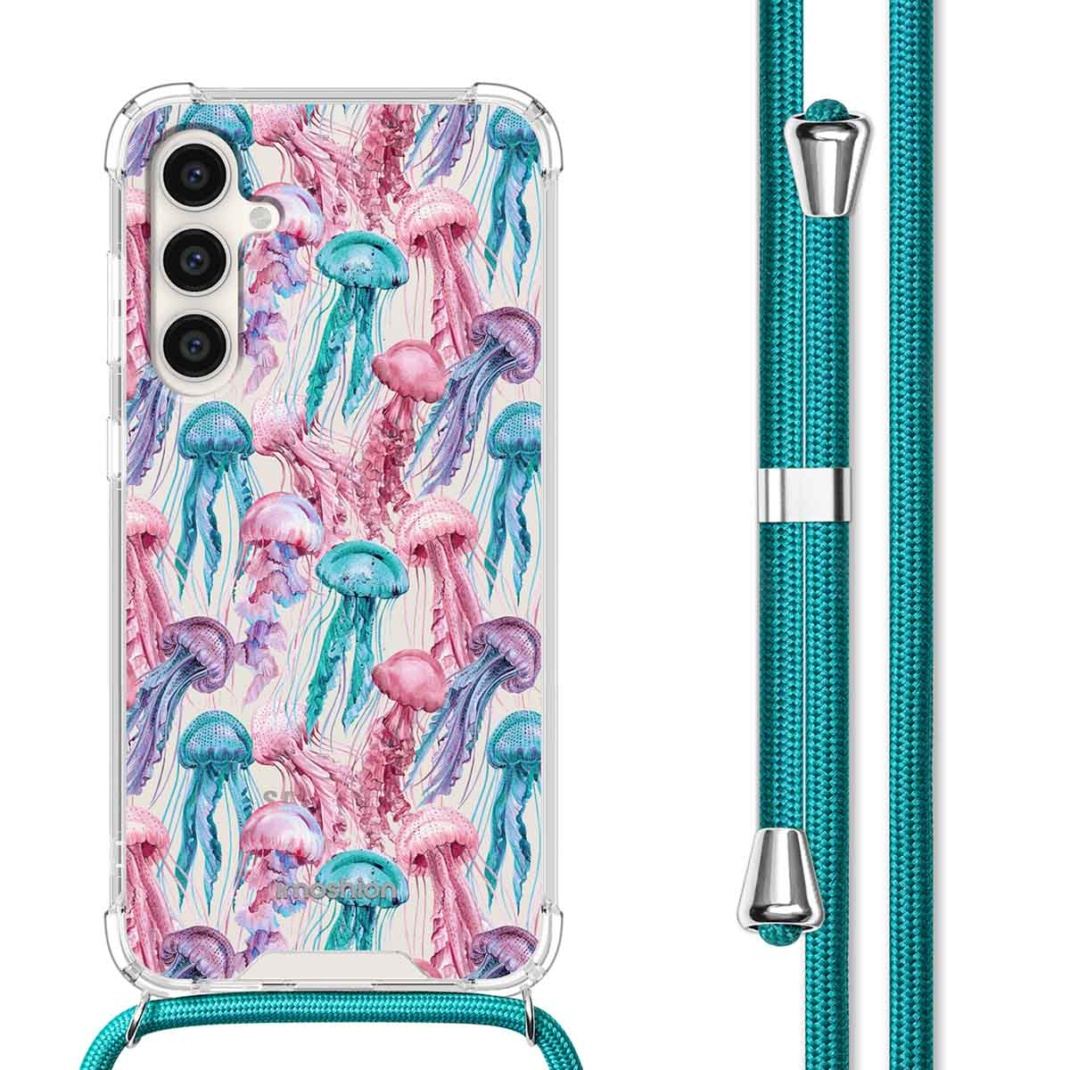 Een telefoonhoesje met een patroon van kwallen en een turkooizen koord. De achtergrond is wit.