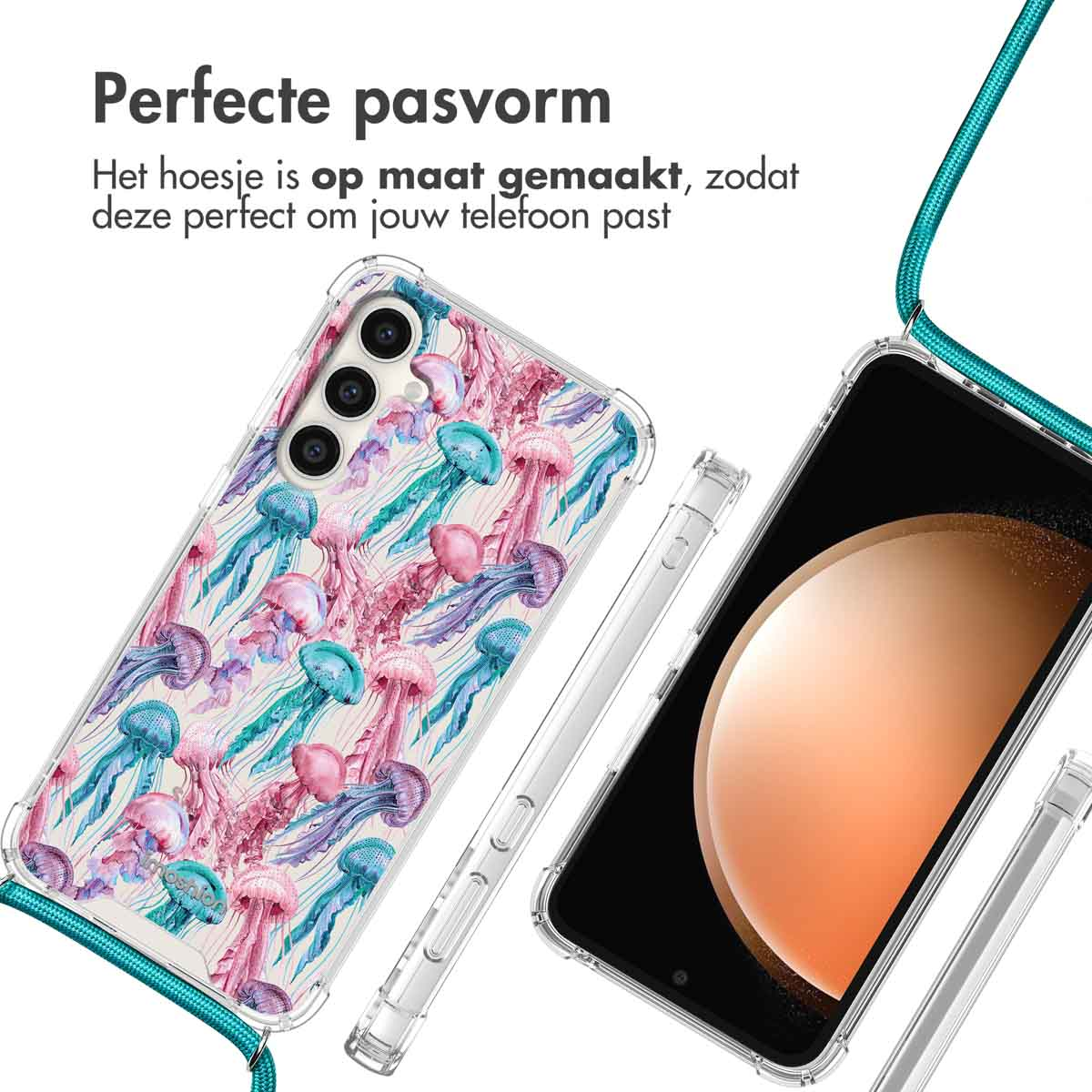 Twee telefoonhoesjes, een met een kwallenpatroon, de andere met telefoon erin, beide met een turquoise koord.