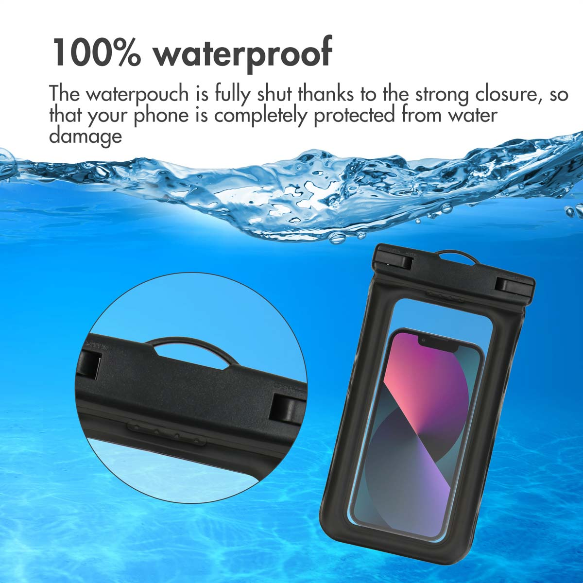 A phone in a waterproof black pouch submerged in water, with text about waterproof features.