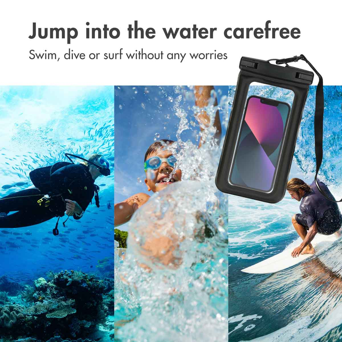 A collage showing people swimming, diving, and surfing, with phones in waterproof cases.