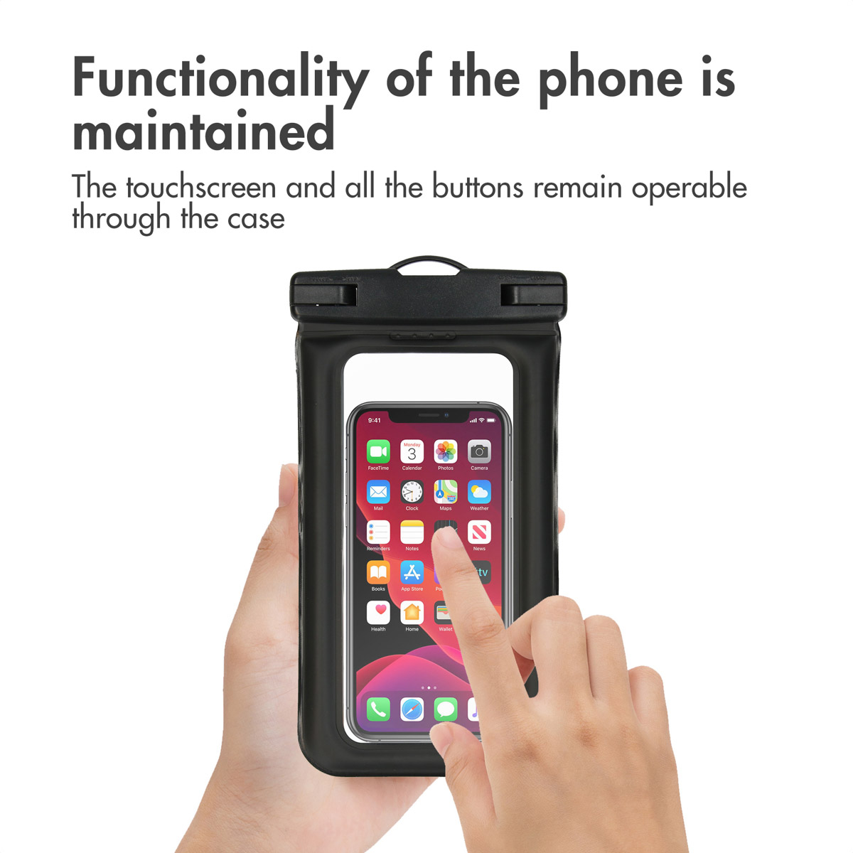 Hands touching a phone screen inside a waterproof case, with a phone app interface visible.