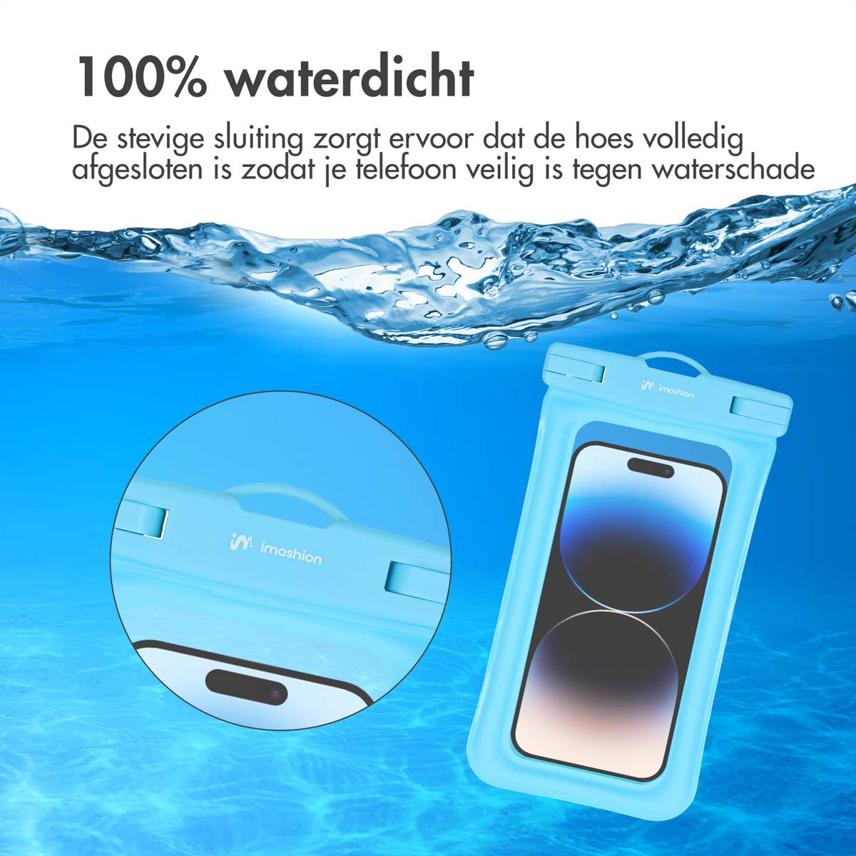 A phone in a blue waterproof pouch submerged in water, with text about being waterproof.