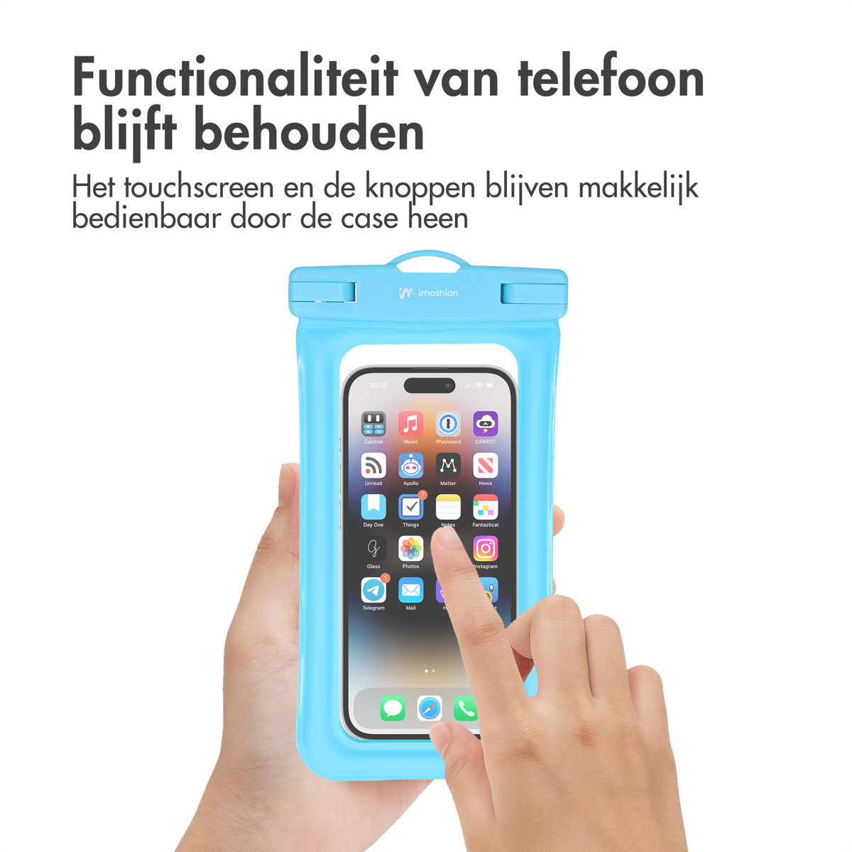A hand operates a phone inside a blue waterproof case.