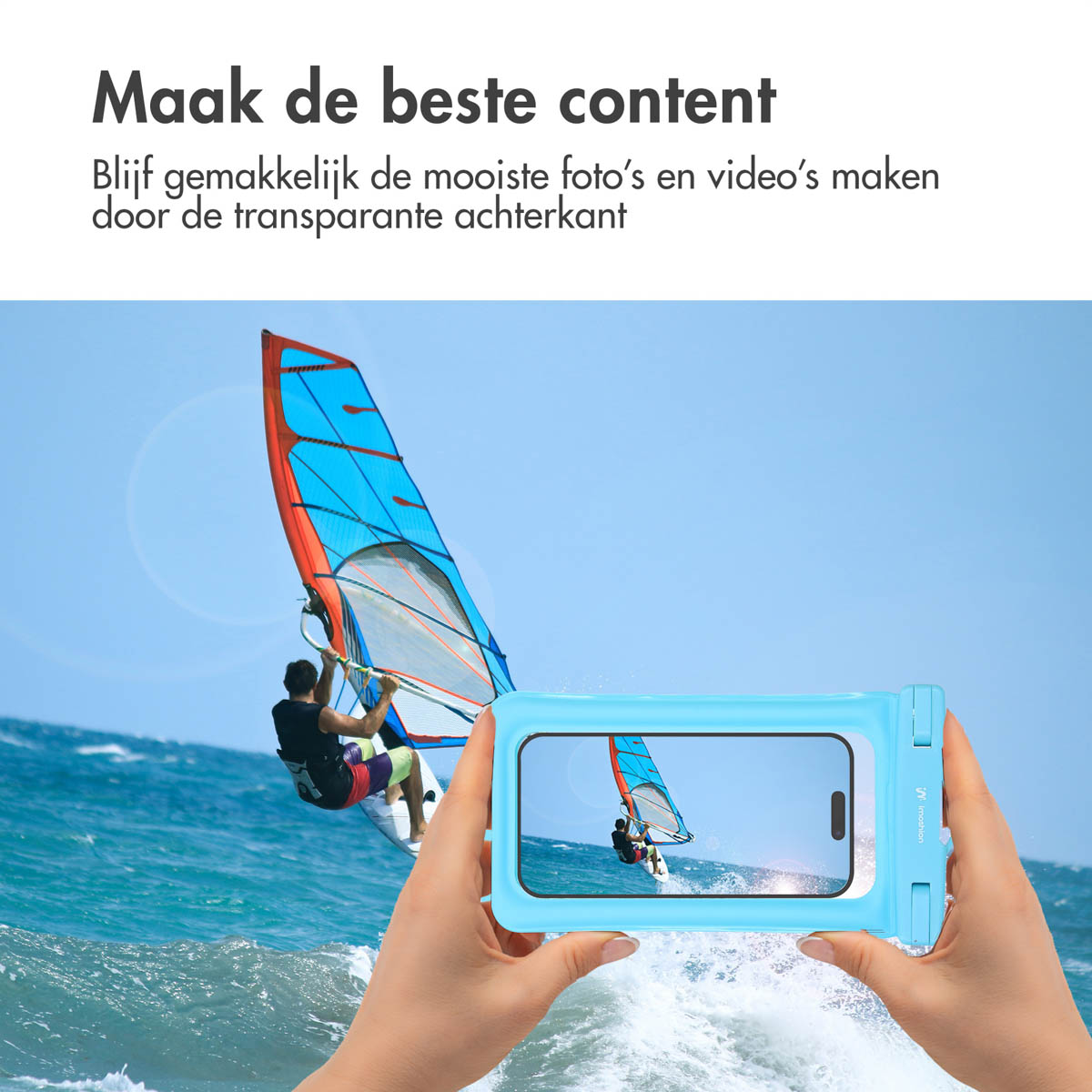 Hands hold a blue waterproof phone case showing a windsurfer.