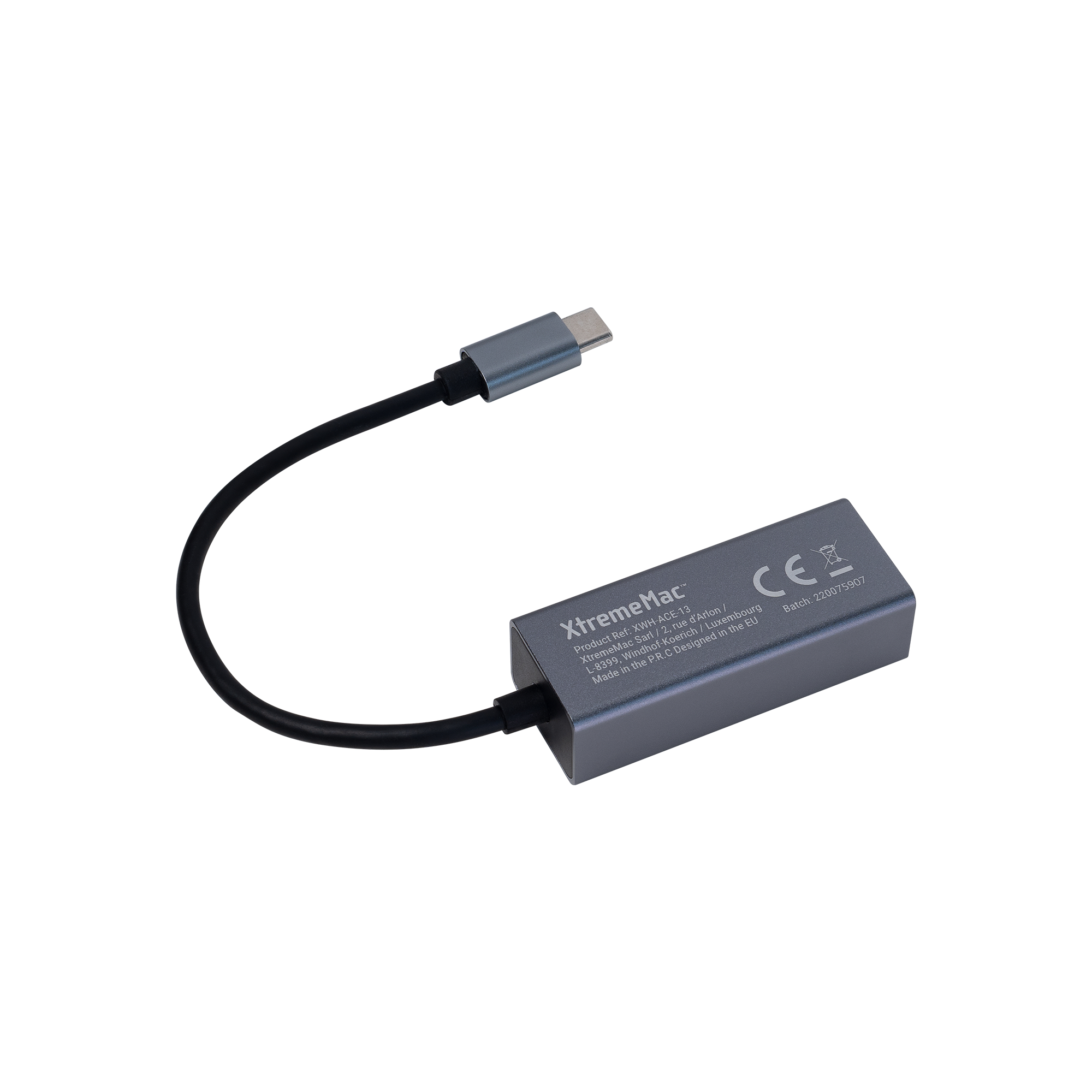 Een grijze USB-C-adapterkabel. Het heeft een USB-C- en een USB-A-connector.