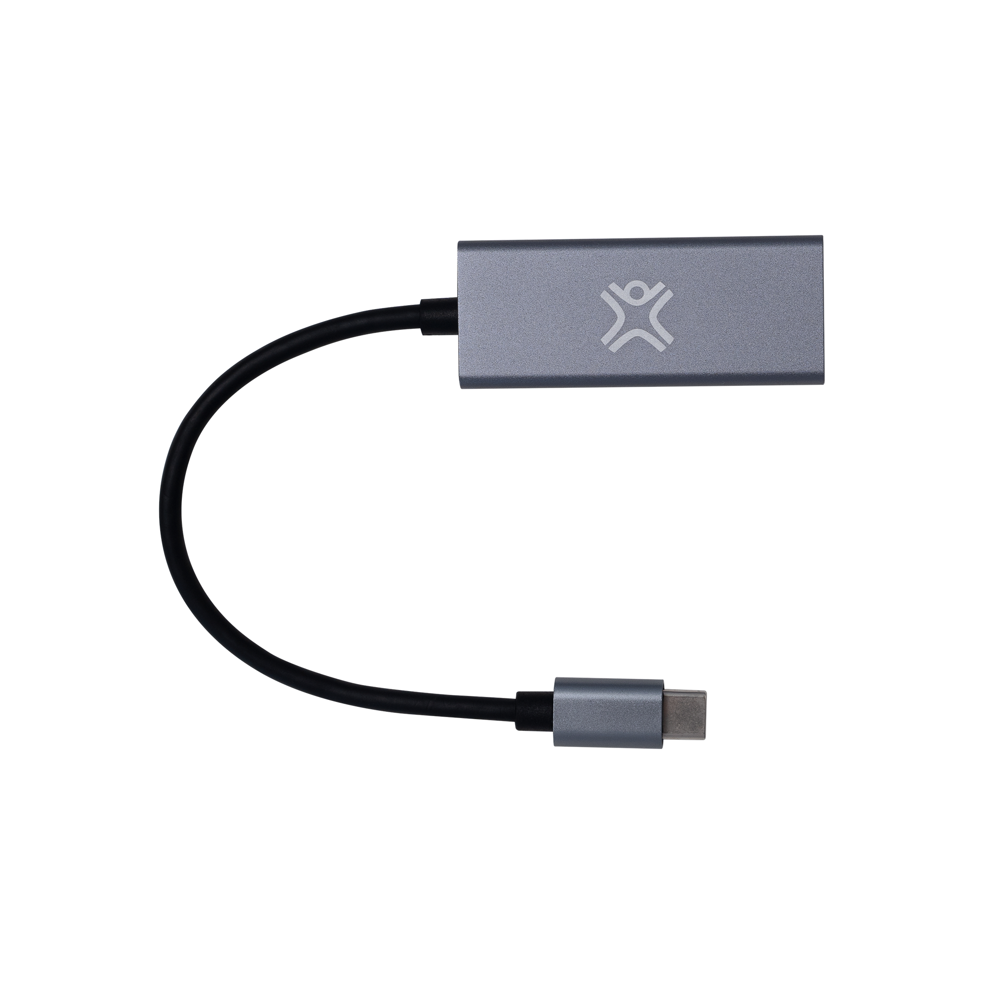 Een grijze adapter met een USB-C- en een USB-poort. De adapter is aangesloten op een zwarte kabel.